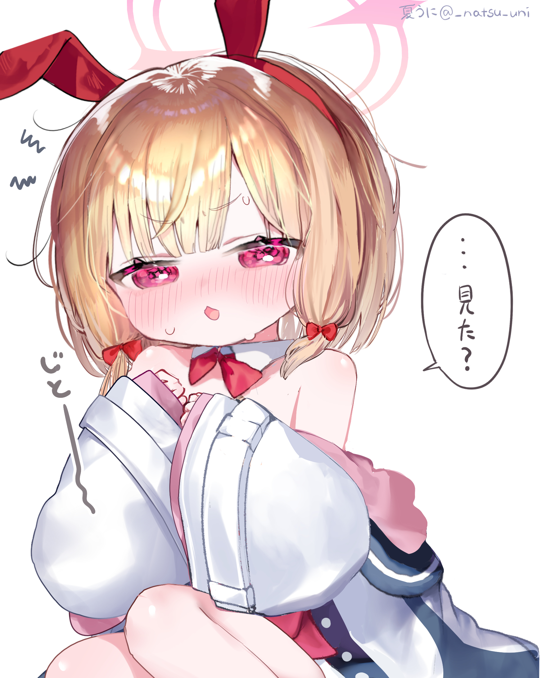amanatsu uni, momoi (blue archive), blue archive, commentary request, highres, translation request, 1girl, animal ear hairband, animal ears, bare shoulders, blonde hair, blush, bow, bowtie, buttons, detached collar, fake animal ears, hair bow, hairband, half-closed eyes, halo, jacket, long sleeves, looking at another, low-tied sidelocks, medium hair, multicolored jacket, nose blush, off shoulder, open mouth, oversized clothes, parted bangs, pink eyes, pink halo, pink jacket, playboy bunny, rabbit ear hairband, rabbit ears, red bow, red bowtie, red hairband, sidelocks, simple background, solo, speech bubble, sweat, twitter username, v-shaped eyebrows, white background, white jacket, wide sleeves