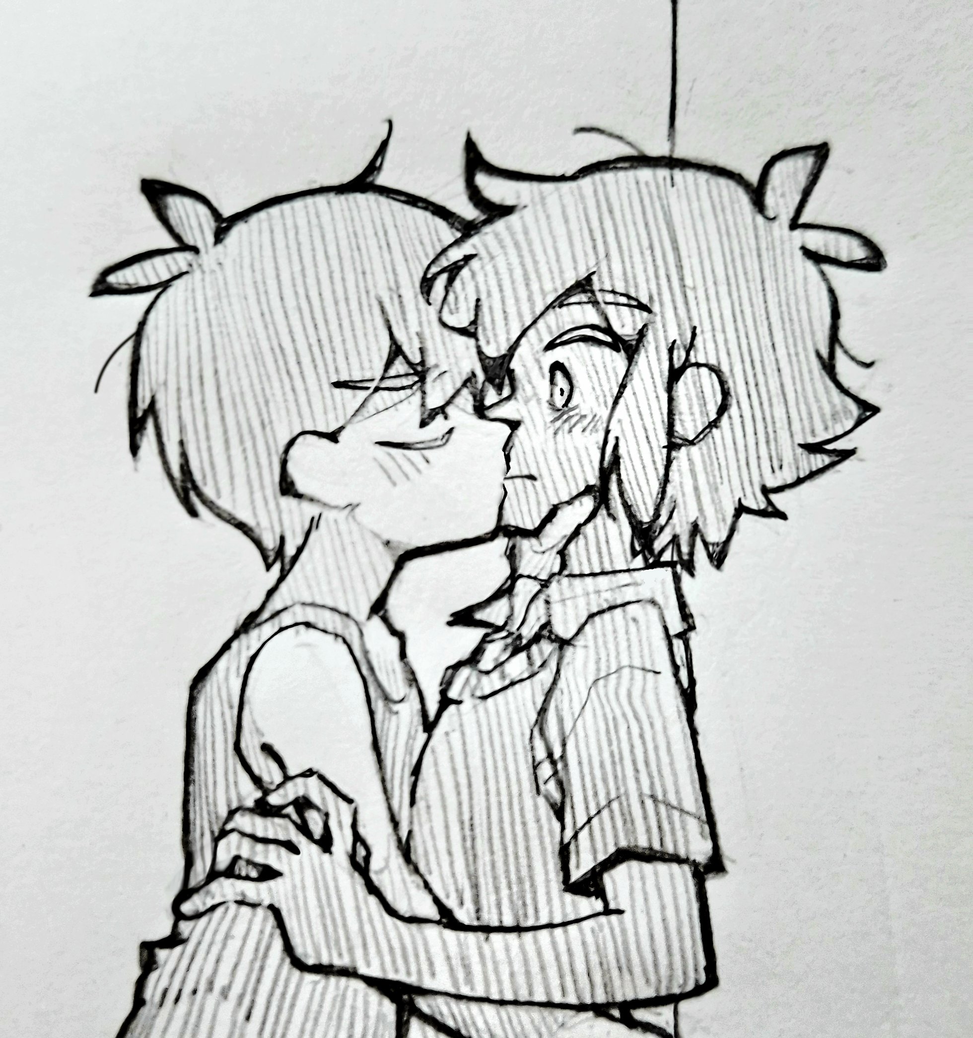 thatbirdcanfly, omori (omori), stranger (omori), omori, commentary, highres, symbol-only commentary, traditional media, 2boys, antenna hair, blush, closed eyes, closed mouth, collared shirt, greyscale, hand on another's chin, kiss, looking at another, male focus, monochrome, multiple boys, shirt, short hair, short sleeves, sidelocks, simple background, sweater vest, tank top, yaoi