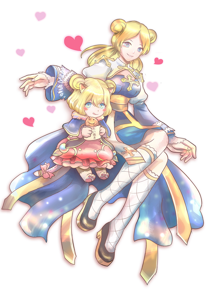 philippa, arch bishop (ragnarok online), summoner (ragnarok online), ragnarok online, commentary request, 2girls, animal ears, black shoes, blonde hair, blue capelet, blue dress, blue eyes, capelet, cat ears, cat girl, cat tail, cleavage cutout, clothing cutout, cross, double bun, dress, fishnet socks, fishnets, food, full body, hair bun, heart, juliet sleeves, long hair, long sleeves, multiple girls, pink dress, puffy sleeves, sash, shoes, short hair, simple background, smile, socks, tail, taiyaki, two-tone dress, wagashi, white background, white dress, white socks, yellow sash