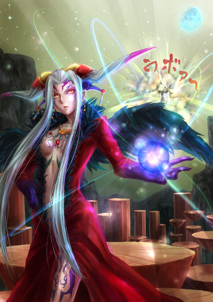 mashiro (lemon jam), emperor (ff2), ultimecia, dissidia final fantasy, final fantasy, final fantasy ii, final fantasy viii, silver hair, 1980s (style), 1990s (style), 1girl, female focus, horns, magic, oldschool, retro artstyle, revealing clothes, solo, wings, yellow eyes