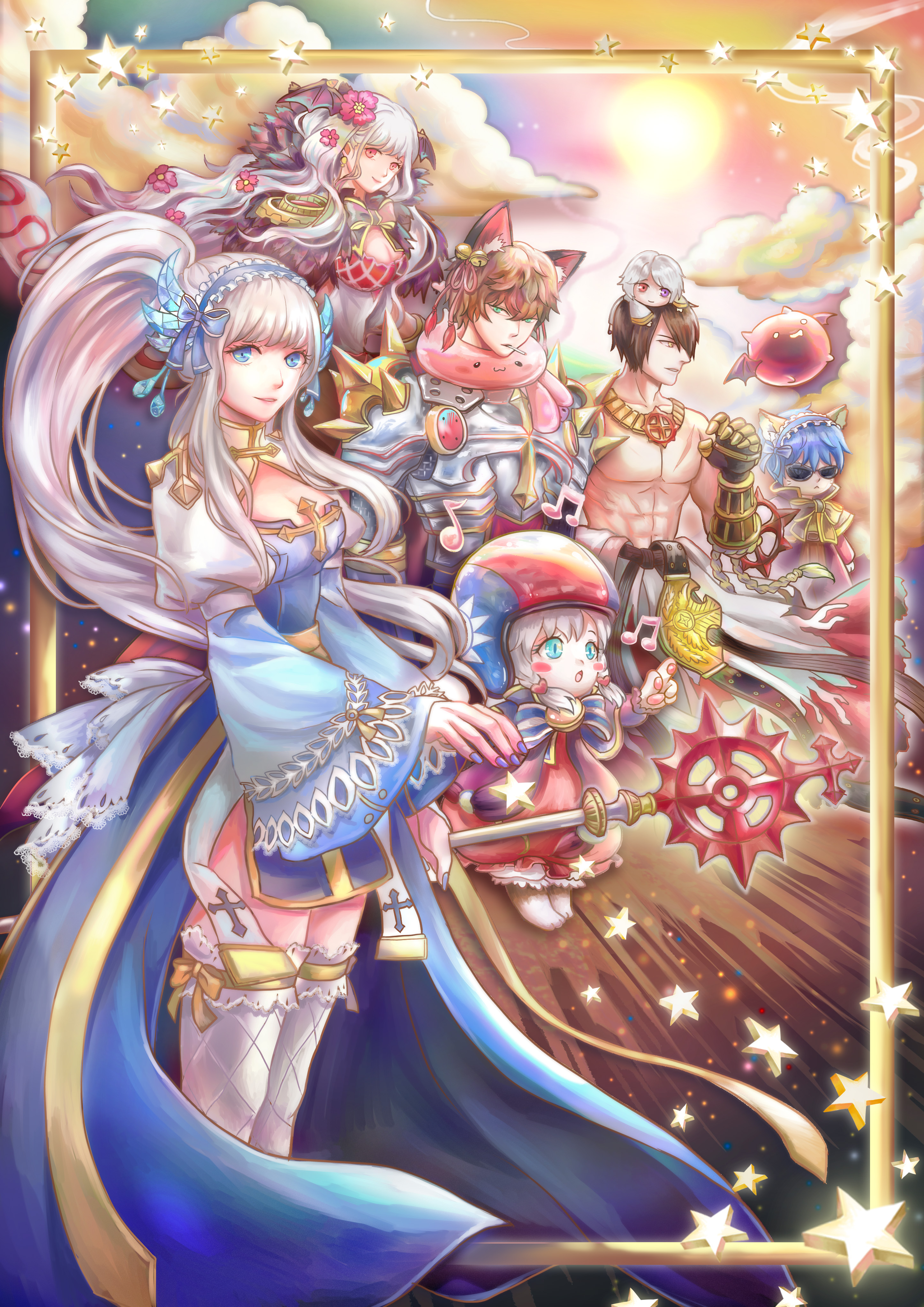 philippa, arch bishop (ragnarok online), deviruchi, rune knight (ragnarok online), sorcerer (ragnarok online), summoner (ragnarok online), sura (ragnarok online), ragnarok online, absurdres, commentary request, highres, 3boys, 3girls, abs, animal ears, armor, bell, belt, black gloves, blue dress, blue eyes, breastplate, breasts, brown hair, championship belt, cleavage, cleavage cutout, closed mouth, clothing cutout, cloud, cowboy shot, crosier, cross, cross necklace, cross of prontera, dress, fishnet thighhighs, fishnets, flower, fox boy, fox ears, frilled thighhighs, frills, gauntlets, gloves, green eyes, grey hair, hair bell, hair flower, hair ornament, helmet, high ponytail, holding, holding staff, jewelry, jingle bell, juliet sleeves, long hair, long sleeves, looking afar, looking at viewer, medium breasts, motorcycle helmet, multiple boys, multiple girls, necklace, pauldrons, pink dress, pink flower, ponytail, puffy sleeves, red eyes, short hair, shoulder armor, smile, spiked pauldrons, spikes, staff, sun, sunglasses, thighhighs, toned, toned male, topless male, two-tone dress, very long hair, white dress, white thighhighs