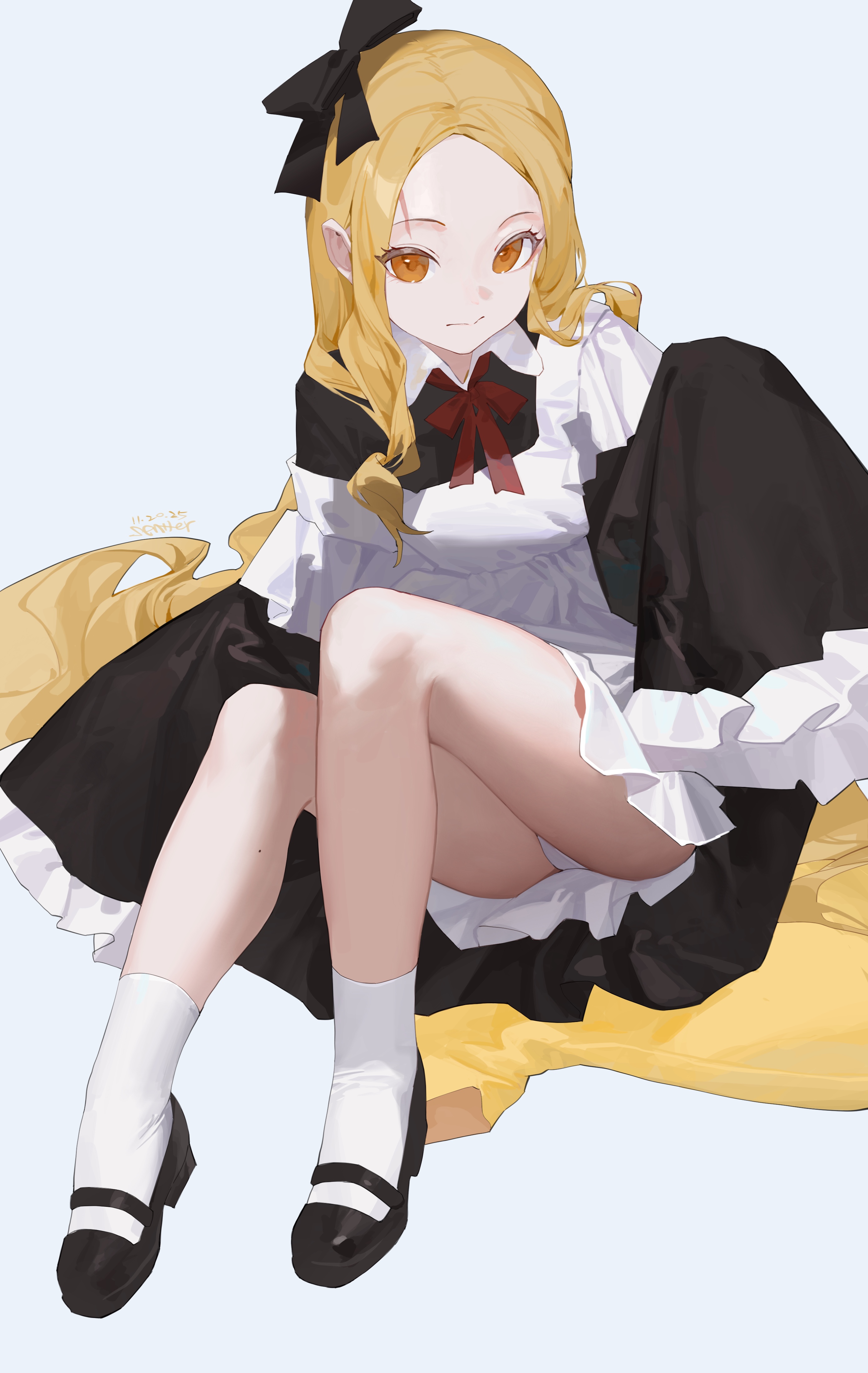 sentter, original, absurdres, commentary request, highres, 1girl, apron, black bow, black dress, black shoes, blonde hair, bow, breasts, brown eyes, closed mouth, collared dress, dress, forehead, frilled sleeves, frills, grey background, hair bow, knees up, long hair, maid, maid apron, panties, parted bangs, shoes, simple background, sitting, sleeves past fingers, sleeves past wrists, small breasts, socks, solo, underwear, very long hair, white apron, white panties, white socks, wide sleeves