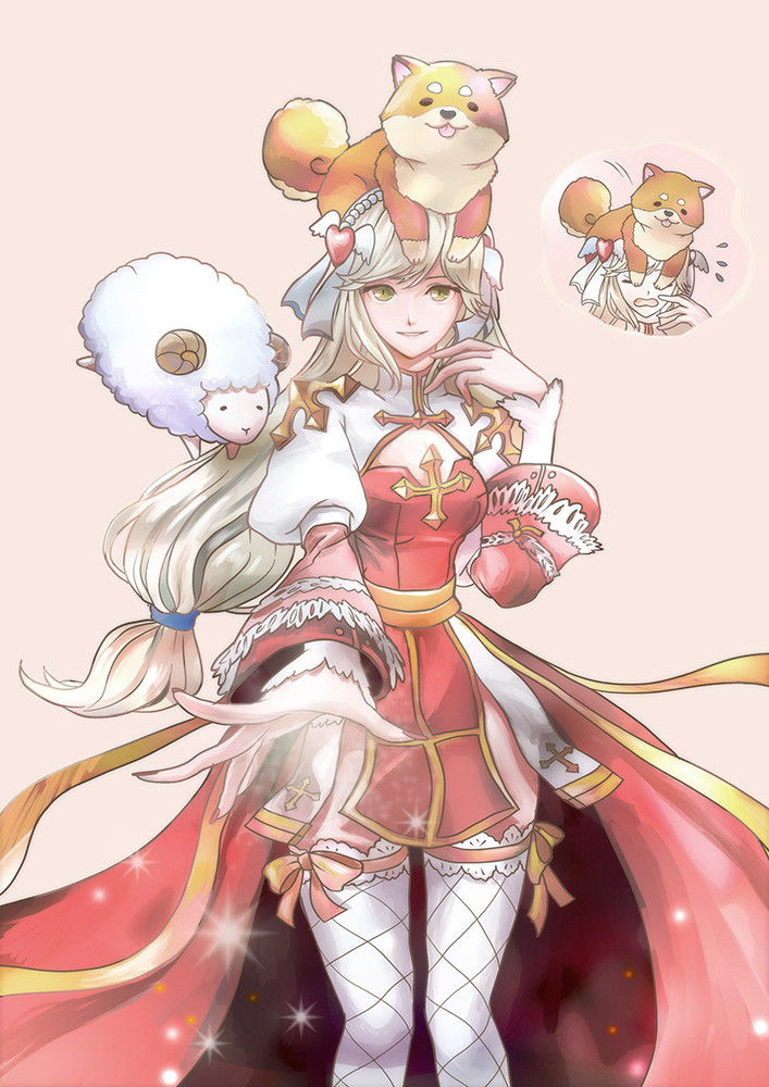 philippa, arch bishop (ragnarok online), ragnarok online, commentary request, 1girl, animal, animal on head, blonde hair, breasts, cleavage, cleavage cutout, clothing cutout, cowboy shot, cross, dog, dog on head, dress, fishnet thighhighs, fishnets, grey background, hair ornament, heart, heart hair ornament, juliet sleeves, lace, lace-trimmed thighhighs, lace trim, long hair, long sleeves, looking at viewer, low-tied long hair, medium breasts, on head, open mouth, puffy sleeves, reaching, reaching towards viewer, red dress, sash, sheep, shiba inu, simple background, smile, solo, thighhighs, two-tone dress, very long hair, white dress, white thighhighs, yellow eyes, yellow sash