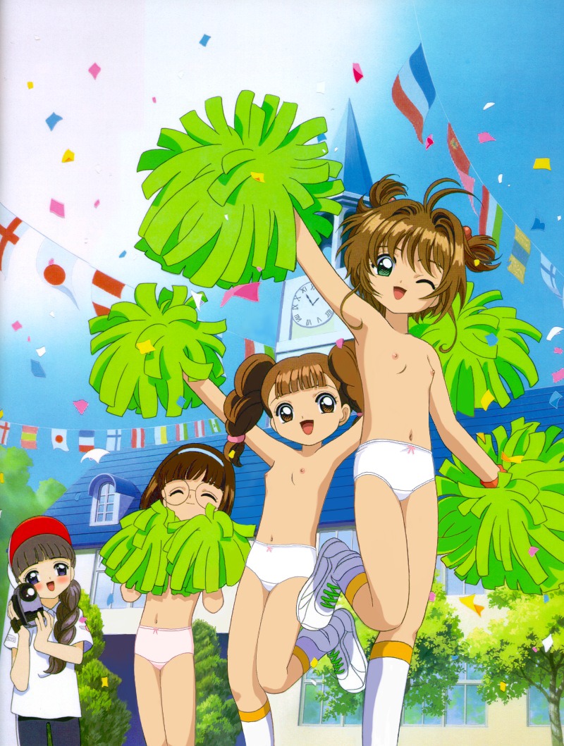 daidouji tomoyo, kinomoto sakura, mihara chiharu, yanagisawa naoko, cardcaptor sakura, nude filter, third-party edit, 1990s (style), 4girls, ^ ^, blush, bow, bow panties, braid, breasts, brown hair, cheerleader, closed eyes, covered erect nipples, flat chest, green eyes, happy, loli, long hair, looking at viewer, multiple girls, nipples, one eye closed, outdoors, panties, pom pom (cheerleading), retro artstyle, school, short hair, single braid, sky, small areolae, small breasts, small nipples, topfreedom, topless female, tree, twin braids, underwear, white panties, wink, zenra