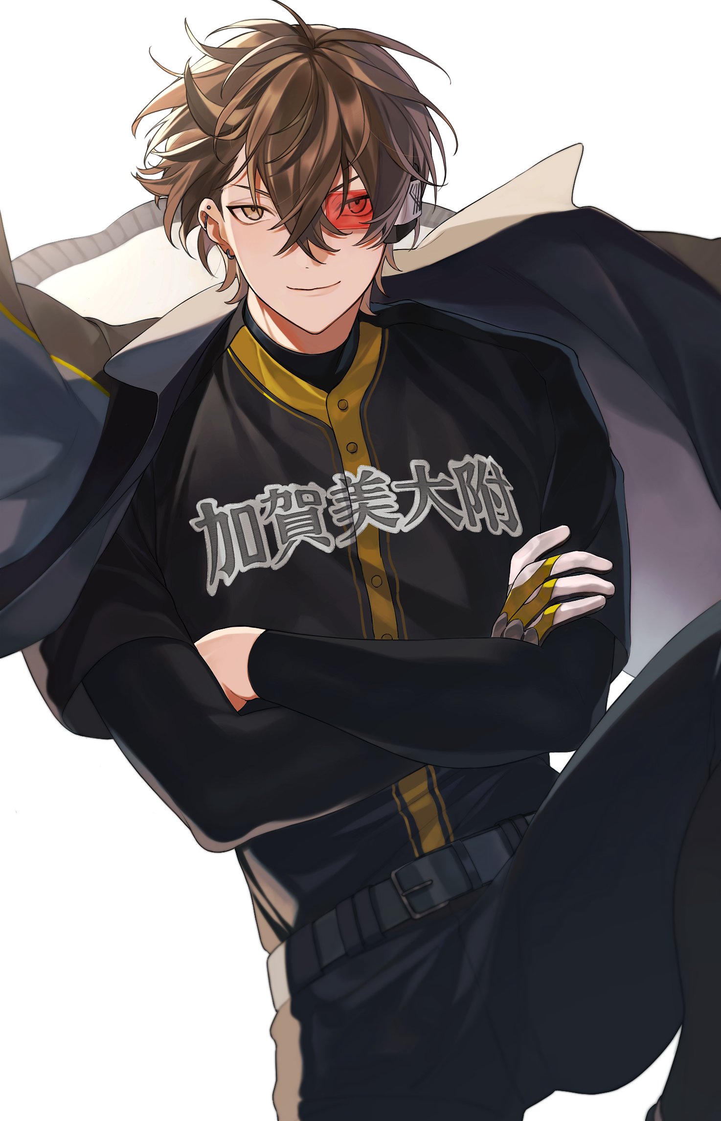 zmzm hiji, kagami hayato, nijisanji, commentary request, highres, translation request, 1boy, barbell piercing, baseball jersey, belt, black belt, black pants, black shirt, brown hair, closed mouth, clothes writing, cowboy shot, crossed arms, crossed bangs, ear piercing, earrings, gloves, hair between eyes, industrial piercing, jacket, jacket on shoulders, jersey, jewelry, knee up, lips, long bangs, long sleeves, looking at viewer, male focus, nijisanji koshien, pants, piercing, scouter, shirt, short hair, simple background, single glove, smile, solo, virtual youtuber, white background, white jacket, yellow eyes, yellow gloves
