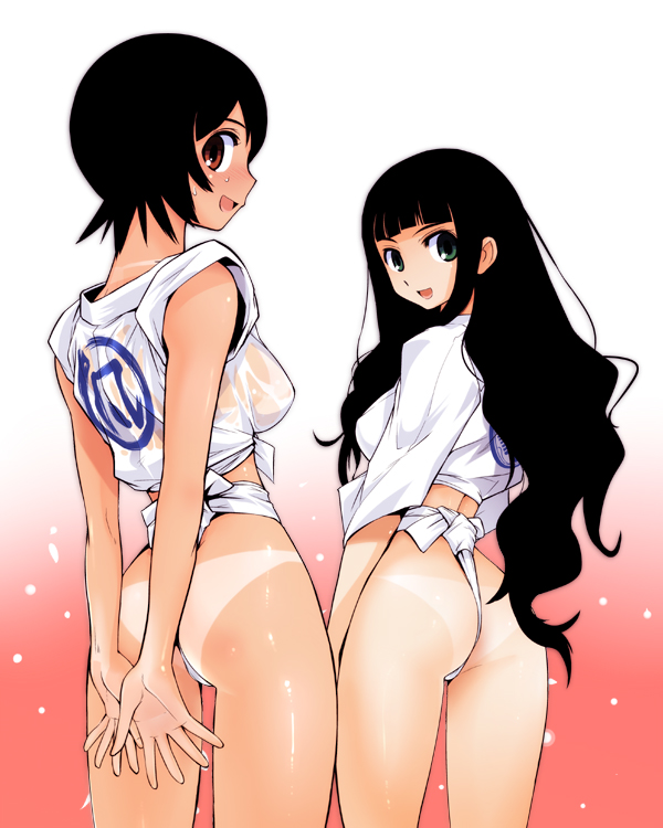 ez6, hitou nami, itoshiki rin, sayonara zetsubou sensei, resized, 00s, 2girls, arms behind back, ass, bikini tan, black hair, from behind, fundoshi, green eyes, happi, japanese clothes, kimono, long hair, looking back, mizu happi, multiple girls, no bra, panties, red eyes, see-through clothes, short hair, sweat, tan, tanline, thong, underwear, wet, wet clothes