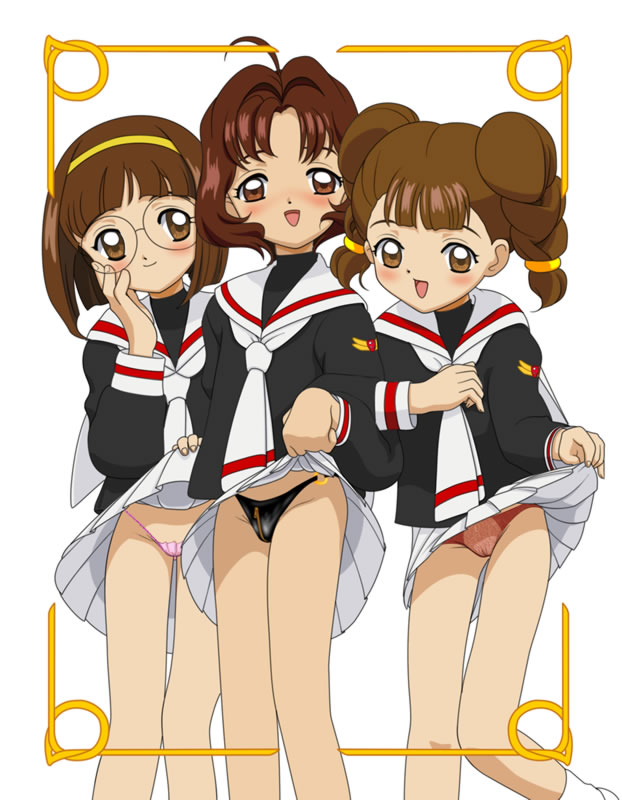 mihara chiharu, sasaki rika, yanagisawa naoko, cardcaptor sakura, third-party edit, 1990s (style), 3girls, blush, braid, brown eyes, brown hair, clothes lift, crotch zipper, flashing, glasses, lingerie, loli, looking at viewer, micro panties, multiple girls, o-ring, o-ring bottom, panties, pink panties, red panties, retro artstyle, round eyewear, school uniform, see-through clothes, short hair, simple background, skirt, skirt lift, smile, tomoeda middle school uniform, transparent panties, twin braids, underwear, white background, zipper, zipper panties