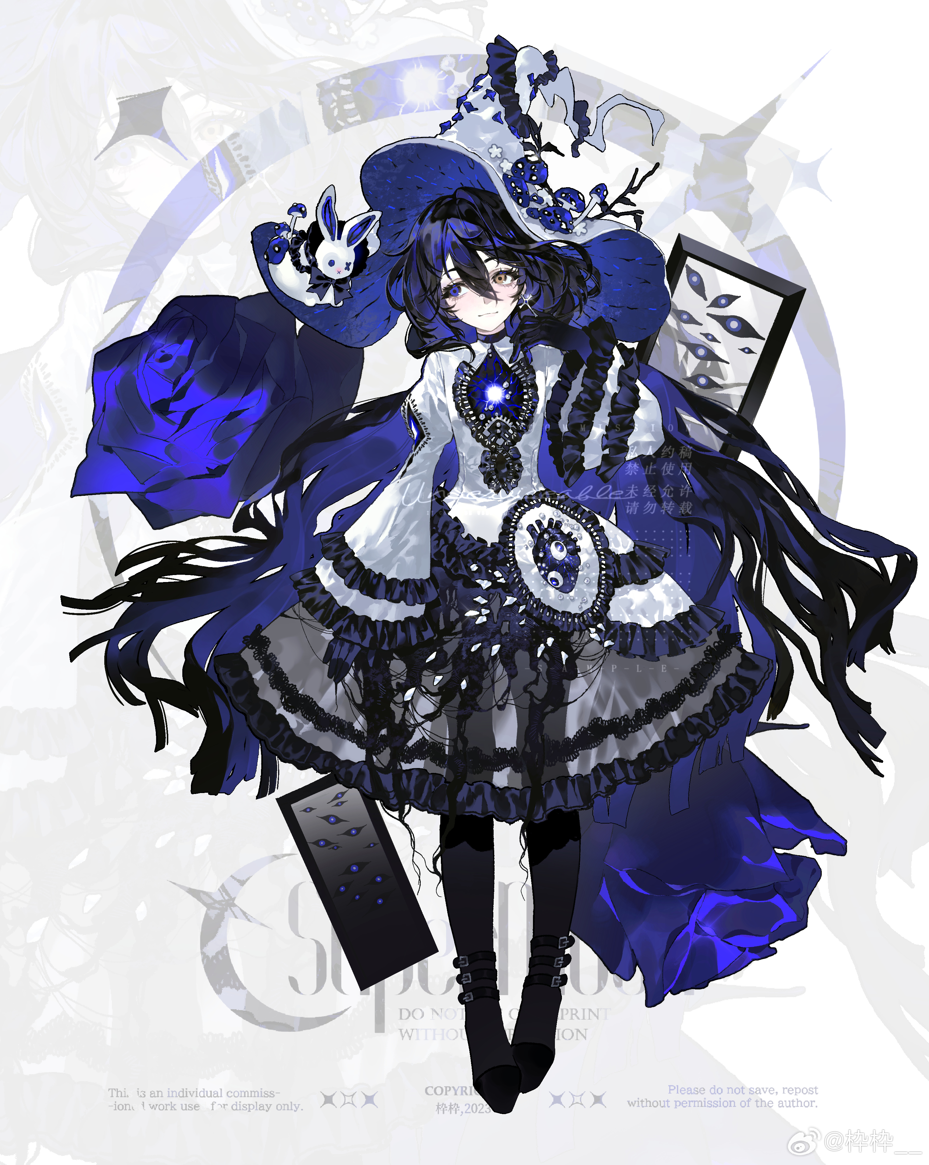 zuizui, absurdres, copyright request, highres, 1girl, black pantyhose, blue eyes, blue flower, blue hair, blue rose, blue theme, cross, cross earrings, disembodied eye, double-parted bangs, dress, earrings, flower, frilled dress, frills, full body, gloves, hair between eyes, hand up, hat, heart (organ), high heels, jewelry, juliet sleeves, light smile, long hair, long sleeves, looking to the side, mushroom, pantyhose, puffy sleeves, rabbit, rose, see-through cleavage, see-through clothes, single earring, very long hair, witch hat, yellow eyes