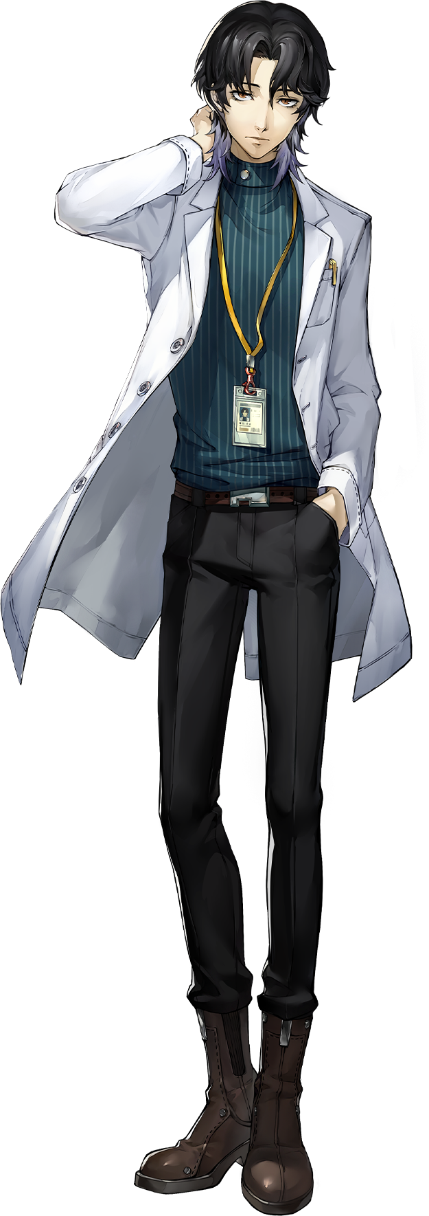 kitazato kira, persona, persona 5, persona 5: the phantom x, artist request, highres, official art, third-party source, 1boy, belt, black hair, black pants, brown belt, brown eyes, full body, hand in pocket, id card, lab coat, lanyard, multicolored hair, object in pocket, pants, pen, pen in pocket, pocket, purple hair, solo, sweater, transparent background, two-tone hair