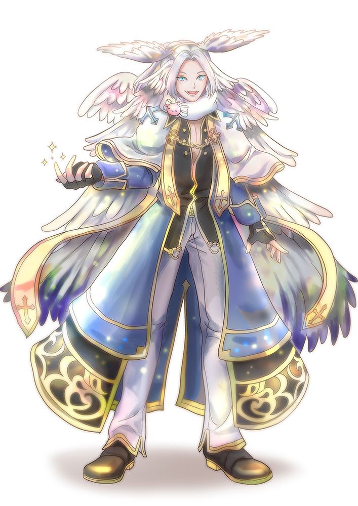 philippa, arch bishop (ragnarok online), poring, ragnarok online, commentary request, 1boy, black gloves, black shirt, black shoes, blue coat, blue eyes, capelet, coat, feathered wings, fingerless gloves, full body, gloves, gold trim, head wings, long hair, long sleeves, looking at viewer, male focus, official alternate costume, open clothes, open coat, open mouth, pants, shirt, shoes, simple background, smile, solo, sparkle, standing, white background, white capelet, white hair, white pants, white wings, wings