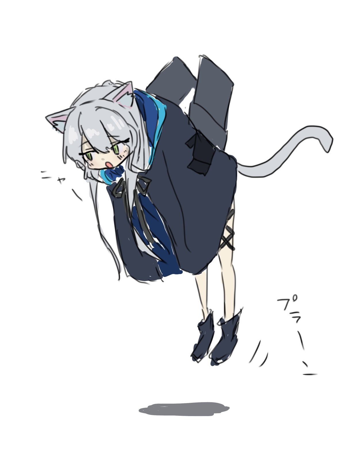 doctor (arknights), rosmontis (arknights), arknights, commentary request, highres, translation request, 1girl, 1other, animal ears, black boots, black gloves, black jacket, boots, cat ears, cat girl, cat tail, chibi, disembodied hand, gloves, green eyes, grey hair, hair between eyes, jacket, lifting person, long hair, long sleeves, nuicha (nuitya 8), shadow, simple background, tail, white background