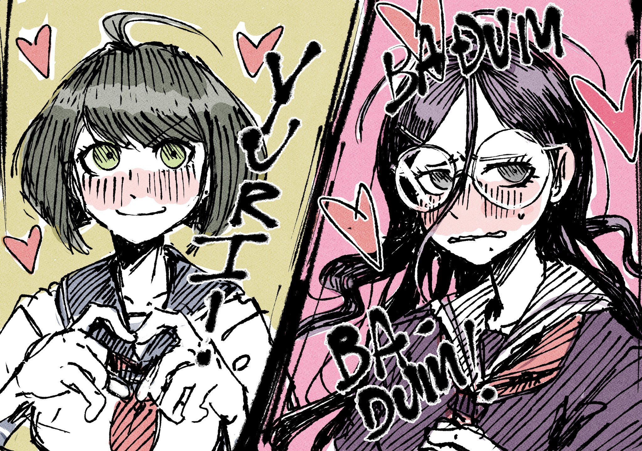 fukawa toko, naegi komaru, danganronpa (series), danganronpa another episode: ultra despair girls, commentary, english commentary, highres, 2girls, ahoge, blue sailor collar, blush, closed mouth, collarbone, eyelashes, four-finger heart hands, glasses, green eyes, hair between eyes, hatching (texture), heart, heart hands, long hair, messy hair, mossytrash, multiple girls, neckerchief, nose blush, purple eyes, red neckerchief, round eyewear, sailor collar, short hair, simple background, smile, sound effects, sweat, two-tone background, v-shaped eyebrows, white sailor collar, yuri