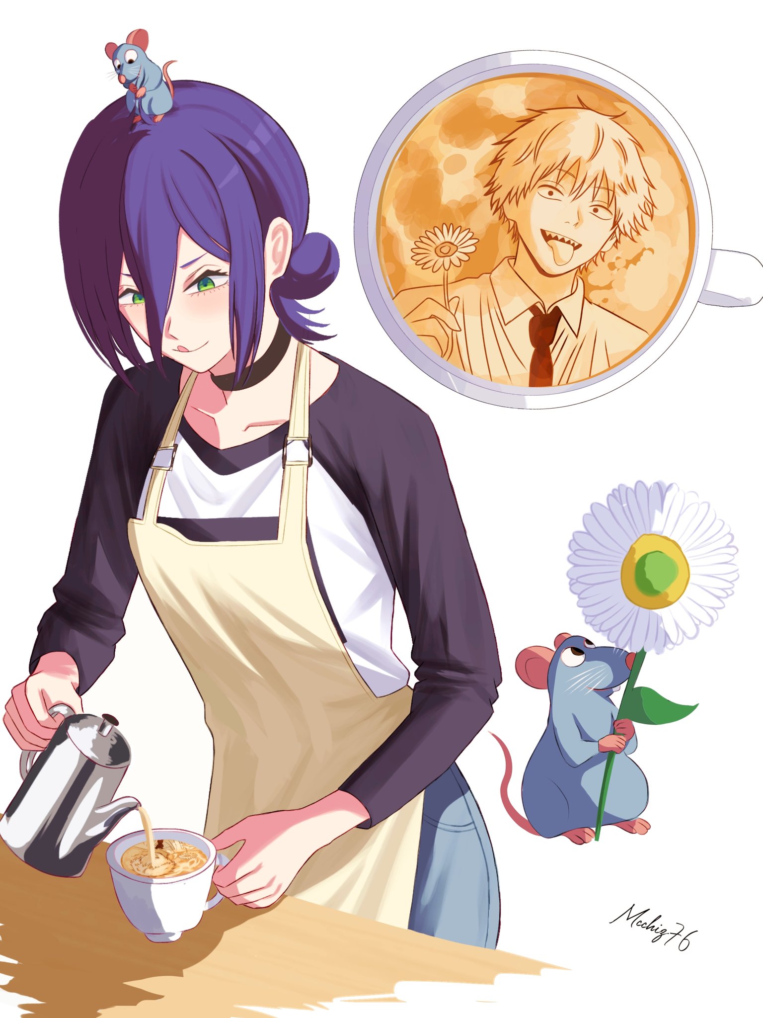 mccheese, denji (chainsaw man), reze (chainsaw man), chainsaw man, ratatouille, commentary, english commentary, highres, 1boy, 1girl, apron, artist name, black choker, black necktie, black sleeves, blonde hair, blue pants, breasts, choker, collared shirt, flower, hair between eyes, hair bun, holding, holding flower, holding pitcher, medium breasts, medium hair, mouse on head, necktie, open mouth, pants, pitcher (container), pouring, print shirt, purple hair, sharp teeth, shirt, short hair, smile, teeth, tongue, tongue out, updo, white background, white flower, white shirt, yellow apron