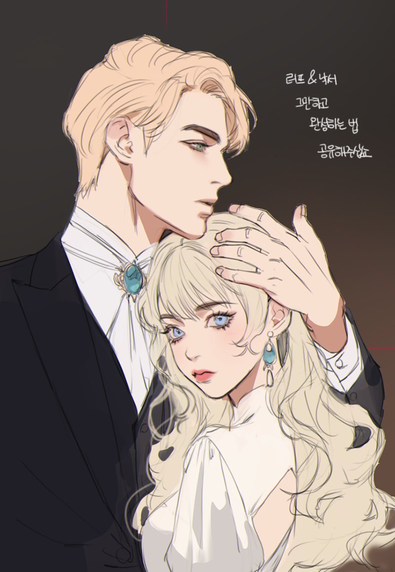 mmm1597, commentary request, copyright request, korean commentary, 1boy, 1girl, ascot, backless outfit, blonde hair, blue eyes, earrings, formal clothes, from behind, gem, hand on another's head, height difference, jewelry, korean text, lips, long hair, looking at viewer, looking back, parted bangs, profile, puffy sleeves, realistic, short hair, sketch, suit, upper body, wavy hair