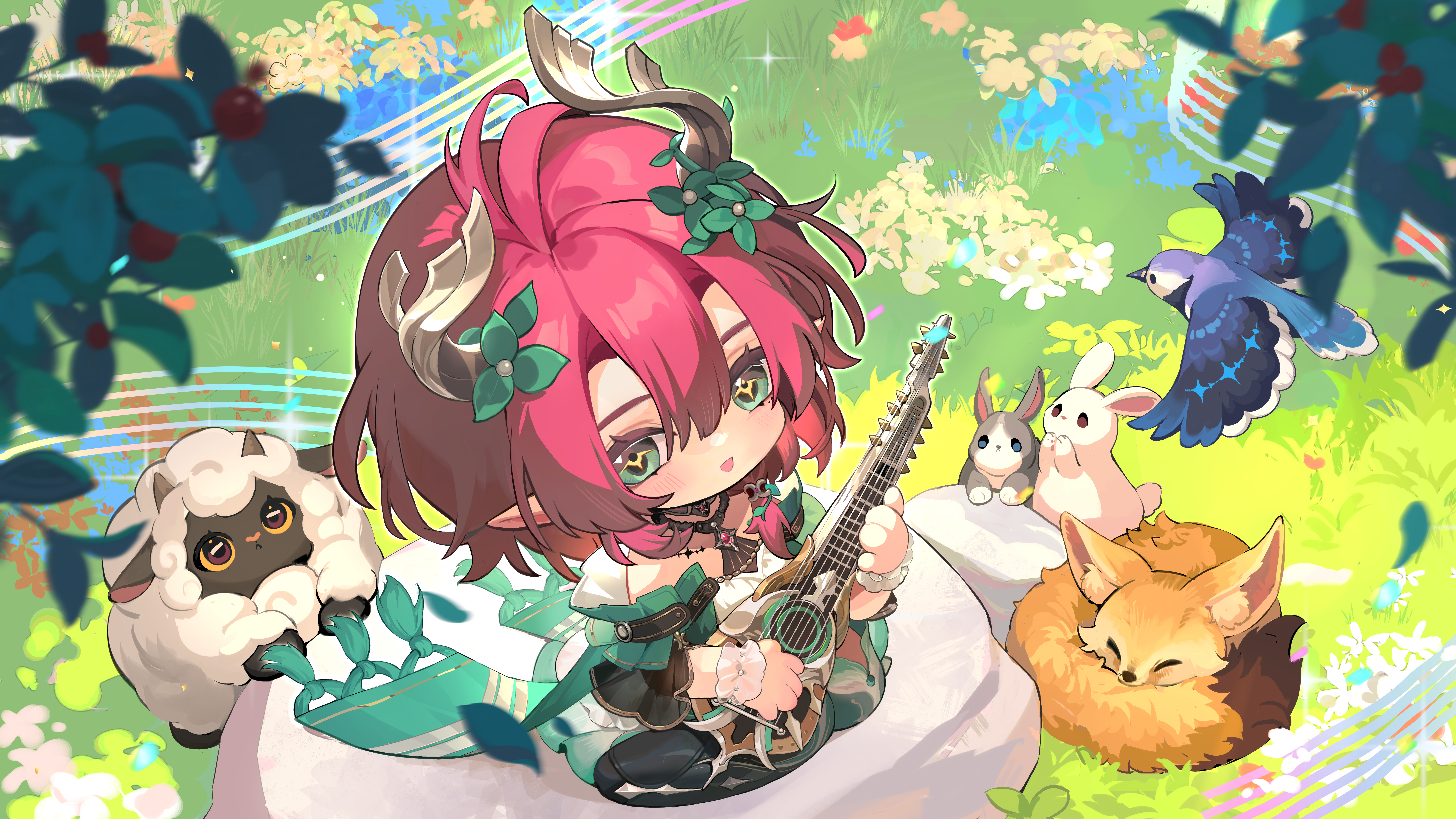 yuden6969, ciaccona (wuthering waves), wuthering waves, absurdres, chinese commentary, commentary request, highres, partial commentary, 1girl, animal, blush, dress, fox, grass, green eyes, green jacket, horns, instrument, jacket, looking at viewer, music, on rock, open mouth, outdoors, playing instrument, pointy ears, rabbit, red hair, sheep, sitting, smile, solo, tacet mark (wuthering waves), tree horns, wariza, white dress, yellow eyes