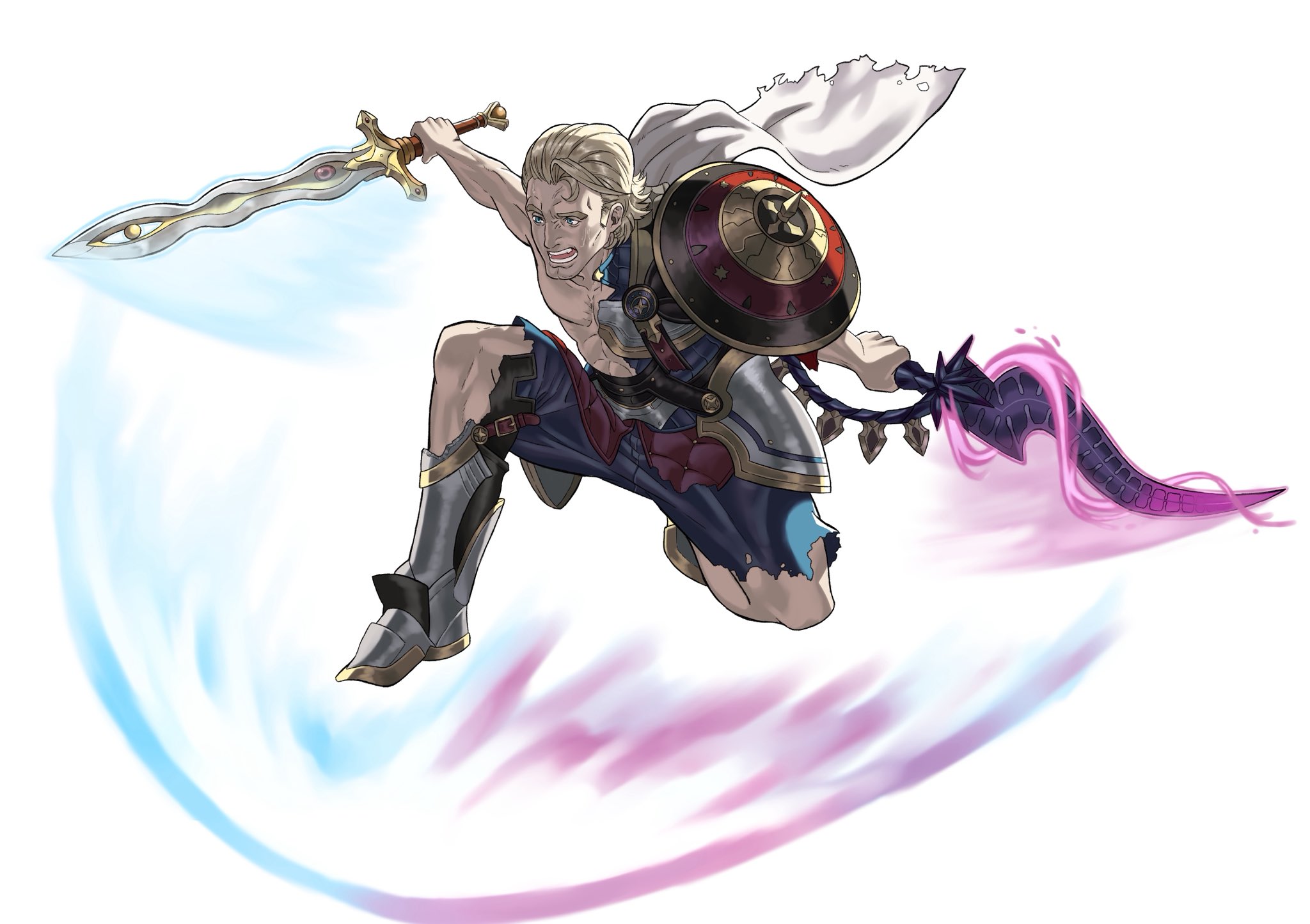 peacefulandflat, arthur (fire emblem fates), fire emblem, fire emblem fates, fire emblem heroes, nintendo, highres, attack, battle damage, dual wielding, energy blade, holding, holding sword, holding weapon, kneeling, multiple swords, slashing, sword, weapon