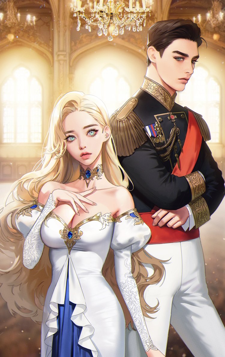 mmm1597, commentary request, copyright request, korean commentary, 1boy, 1girl, badge, black hair, blonde hair, blue eyes, blue gemstone, breasts, chandelier, choker, cleavage, crossed arms, dress, epaulettes, eyelashes, gem, hand on own chest, height difference, high-waist pants, high collar, indoors, juliet sleeves, large breasts, lips, long hair, long sleeves, looking to the side, military uniform, nose, off-shoulder dress, off shoulder, pants, parted bangs, puffy sleeves, realistic, sash, short hair, shoulder sash, tight clothes, tight dress