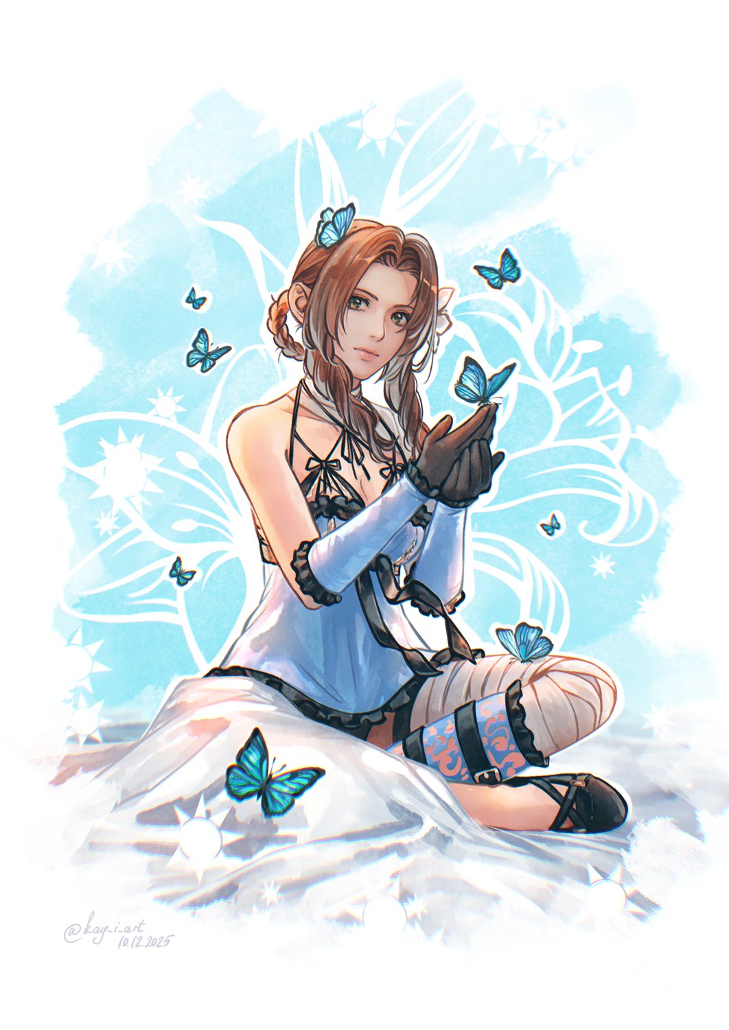 kay-i, aerith gainsborough, kaine (nier), final fantasy, final fantasy vii, final fantasy vii: ever crisis, highres, aerith gainsborough (garb of the possessed), bandaged leg, bandages, bare shoulders, black gloves, black shoes, blue butterfly, blue negligee, blue sleeves, braid, braided hair rings, breasts, bug, butterfly, butterfly on hand, butterfly on head, cleavage, closed mouth, cosplay, dated, detached sleeves, flower, full body, gloves, green eyes, hair flower, hair ornament, hair rings, indian style, insect, kaine (nier) (cosplay), lingerie, looking at viewer, medium breasts, negligee, official alternate costume, own hands together, parted bangs, shoes, sidelocks, single bare shoulder, sitting, twitter username, under covers, underwear, white flower