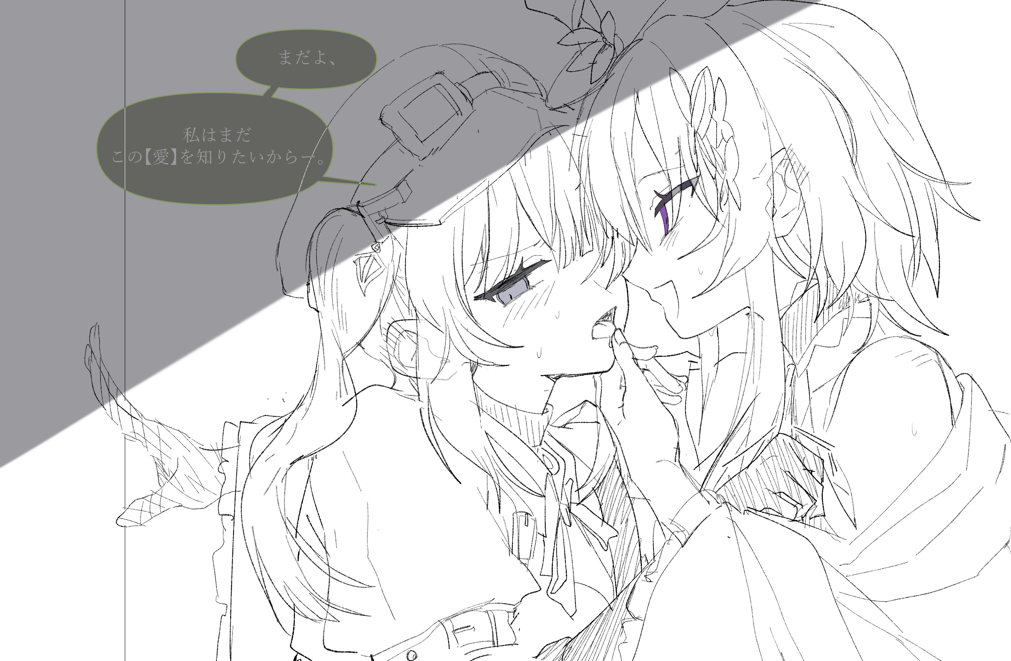 housho margo, kurobe nanoka, mahou shoujo no majo saiban, absurdres, highres, 2girls, blush, ear blush, flower, goggles, greyscale, hair flower, hair ornament, hat, monochrome, multiple girls, purple eyes, short hair with long locks, sima mnsb, smile, tongue, tongue out, twintails, yuri