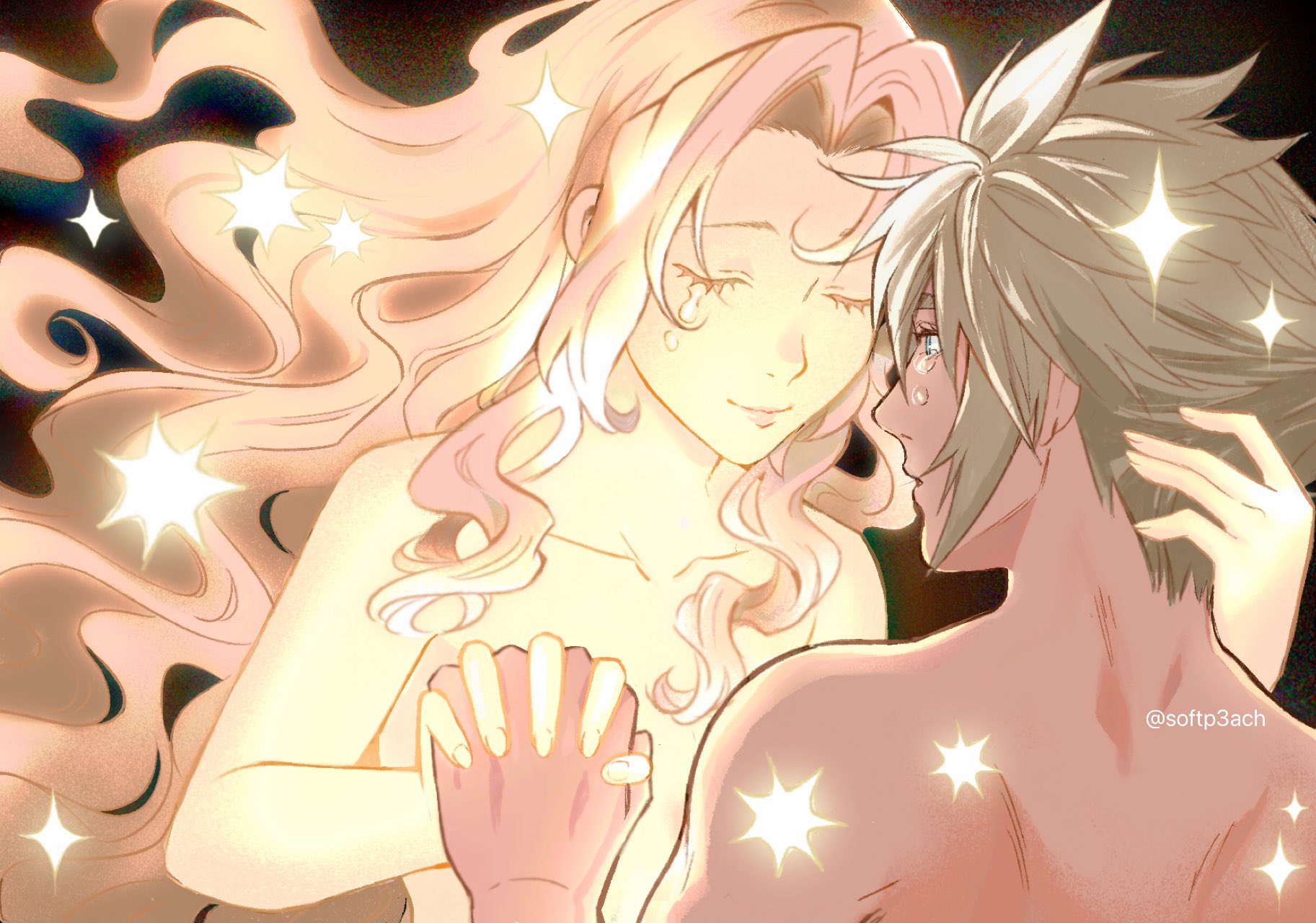 softp3ach, aerith gainsborough, cloud strife, final fantasy, final fantasy vii, commentary, english commentary, highres, 1boy, 1girl, black background, blonde hair, blue eyes, closed eyes, closed mouth, couple, crying, hair between eyes, hand in another's hair, hetero, holding hands, interlocked fingers, light smile, long hair, looking at another, nude, parted bangs, parted lips, short hair, sidelocks, sparkle, spiked hair, tears, twitter username, upper body, wavy hair