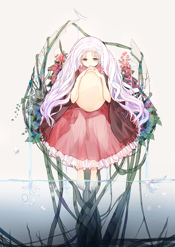 girl (tenshi no tamago), tenshi no tamago (anime), commentary request, 1girl, barefoot, black eyes, blue flower, cracked egg, dress, egg, ewrefd, flower, holding, holding egg, long hair, looking at viewer, pink dress, pink flower, soaking feet, solo, very long hair, white hair