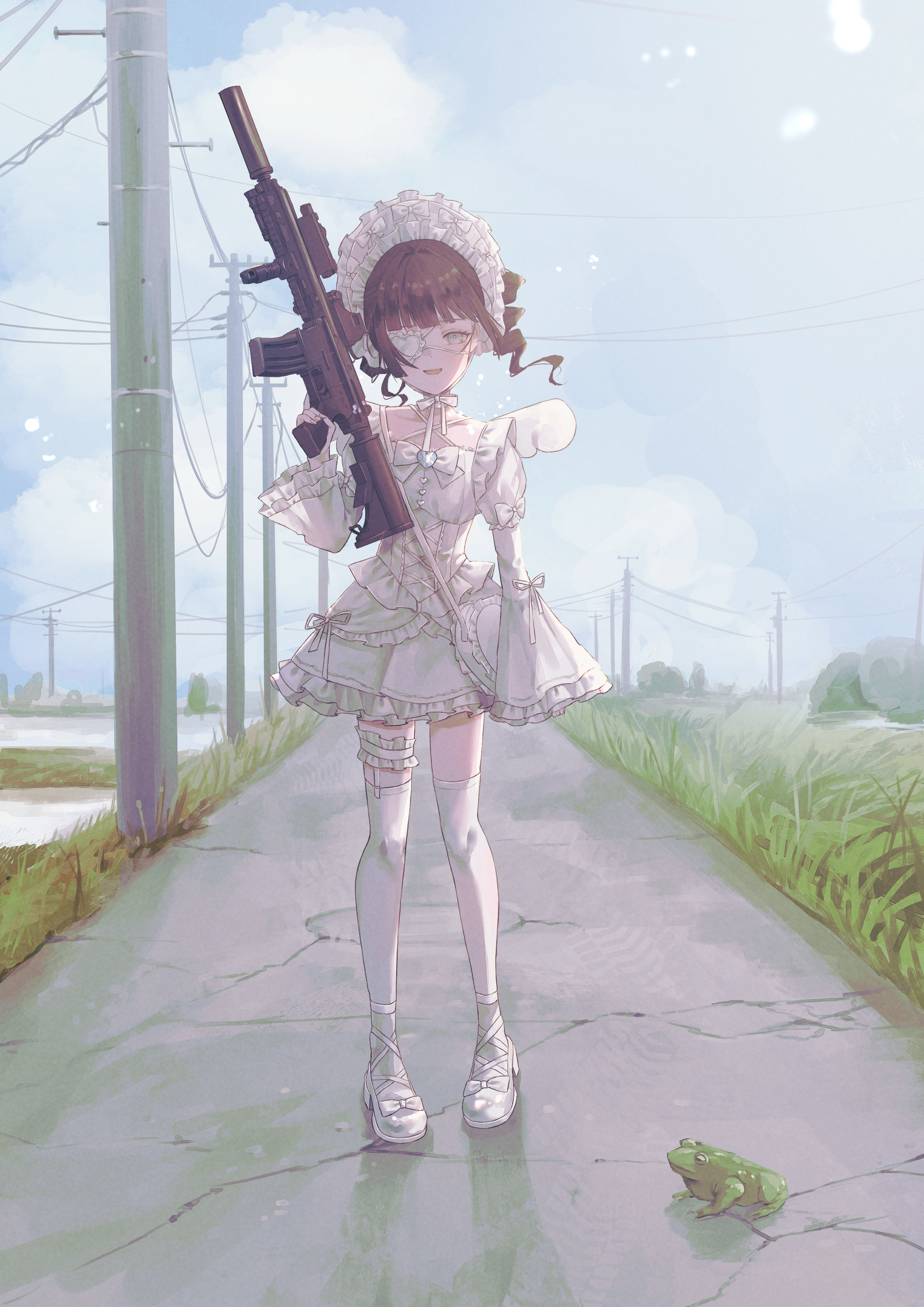 sanou, original, absurdres, commentary request, highres, weapon request, 1girl, ankle strap, assault rifle, bag, black hair, blunt bangs, bonnet, bow, bowtie, chinstrap, cloud, corset, dress, drill hair, eyepatch, farm, footwear bow, frilled bonnet, frilled dress, frilled eyepatch, frilled thigh strap, frills, frog, full body, grass, grey eyes, grey sky, gun, hand up, heart, heart eyepatch, holding, holding gun, holding weapon, horizon, lolita fashion, long sleeves, looking at viewer, one eye covered, open mouth, outdoors, power lines, rice paddy, rifle, road, rural, shoes, short dress, short hair, shoulder bag, sky, smile, solo, standing, strappy heels, thigh strap, thighhighs, twin drills, utility pole, weapon, white bag, white bonnet, white bow, white bowtie, white corset, white shoes, white thighhighs, wide sleeves