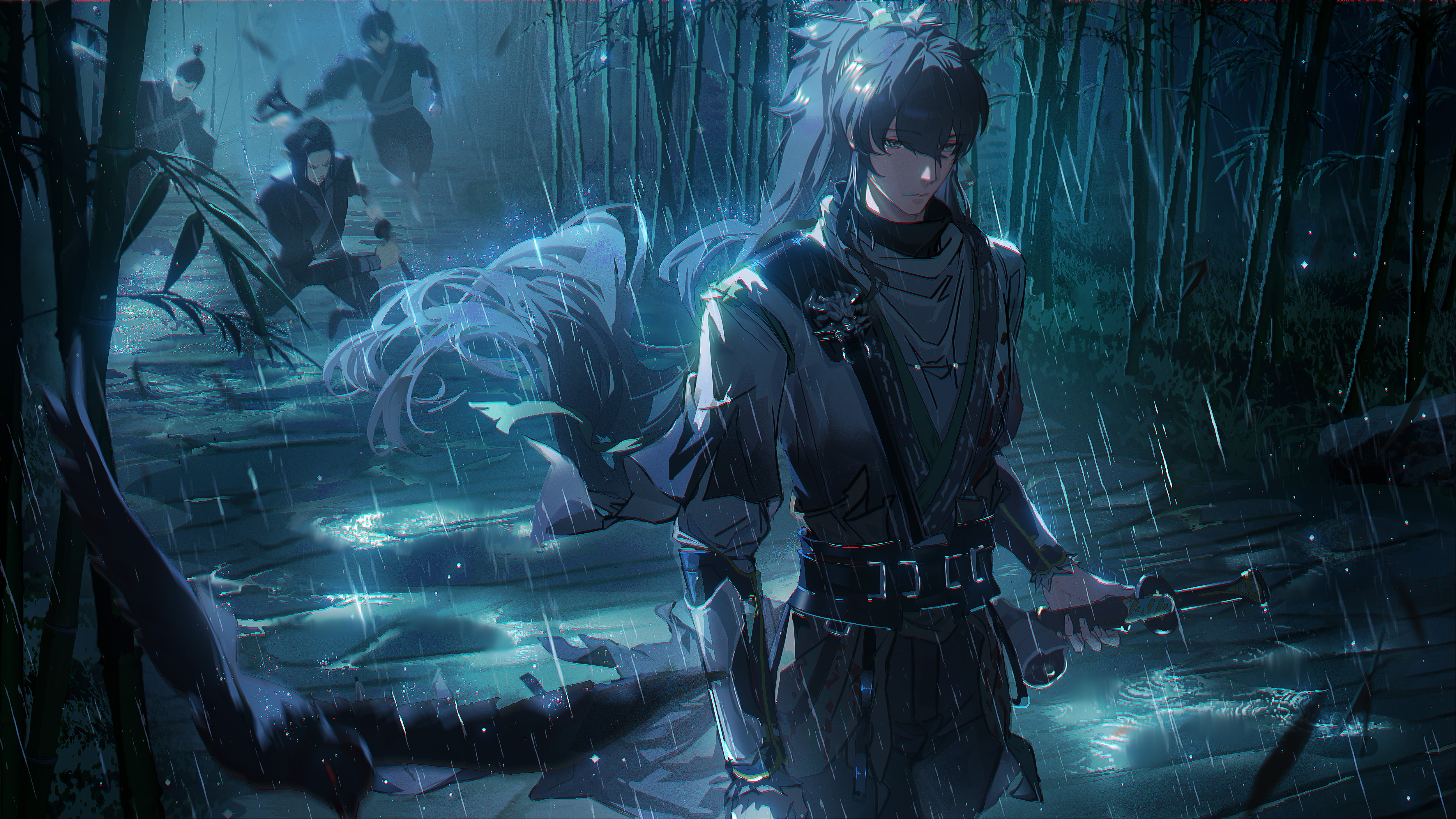 qiuyuan (wuthering waves), wuthering waves, absurdres, commentary, highres, 3boys, arm armor, bamboo, bamboo forest, black hair, cloak, closed mouth, forest, grey eyes, hair ornament, hair stick, happypuppy, holding, holding sword, holding weapon, long hair, male focus, multiple boys, nature, night, outdoors, people, rain, solo, solo focus, sword, weapon, white cloak