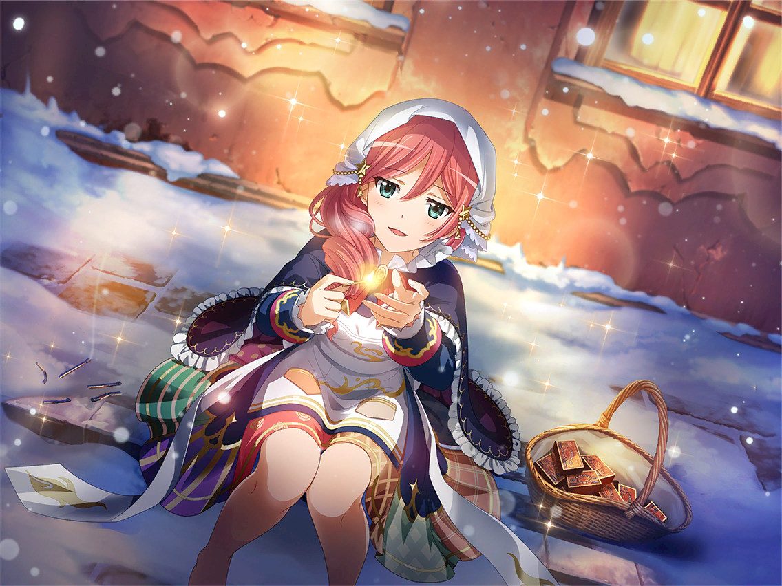 little match girl, tsuruhime yachiyo, andersen's fairy tales, shoujo kageki revue starlight, shoujo kageki revue starlight -re live-, game cg, official art, 1girl, aqua eyes, basket, black robe, blush, cosplay, drill hair, fire, hair over shoulder, holding matchstick, little match girl (cosplay), long hair, long sleeves, matchbox, parted lips, pink hair, robe, sitting, snow, upper body, veil, white veil