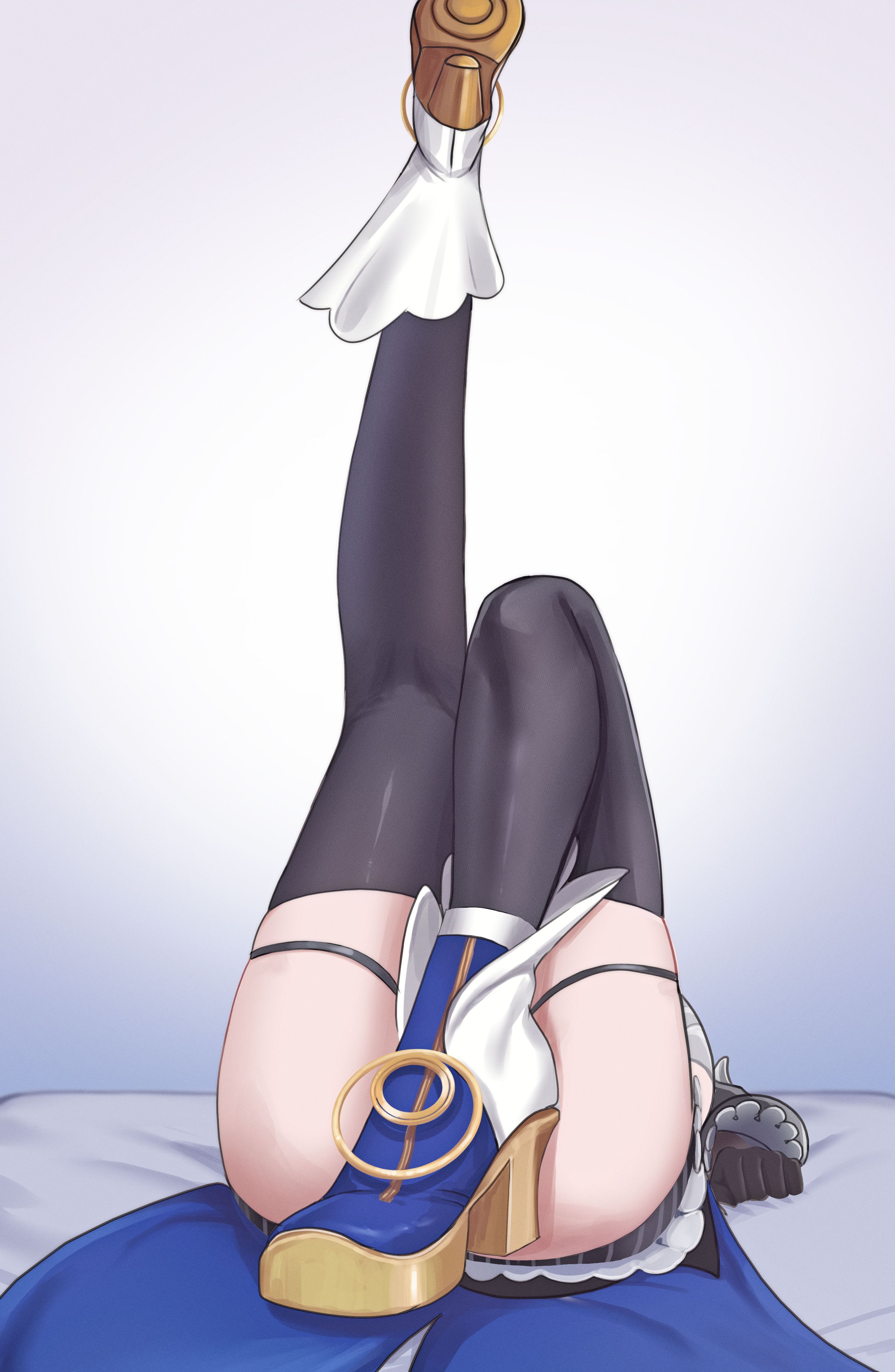 brulee, ouro kronii, hololive, hololive english, absurdres, commentary, english commentary, highres, 1girl, ass, black thighhighs, kurumi uyu leg picture, leg focus, leg up, legs, lying, on back, on bed, simple background, solo, thighhighs, thighs, virtual youtuber, white background