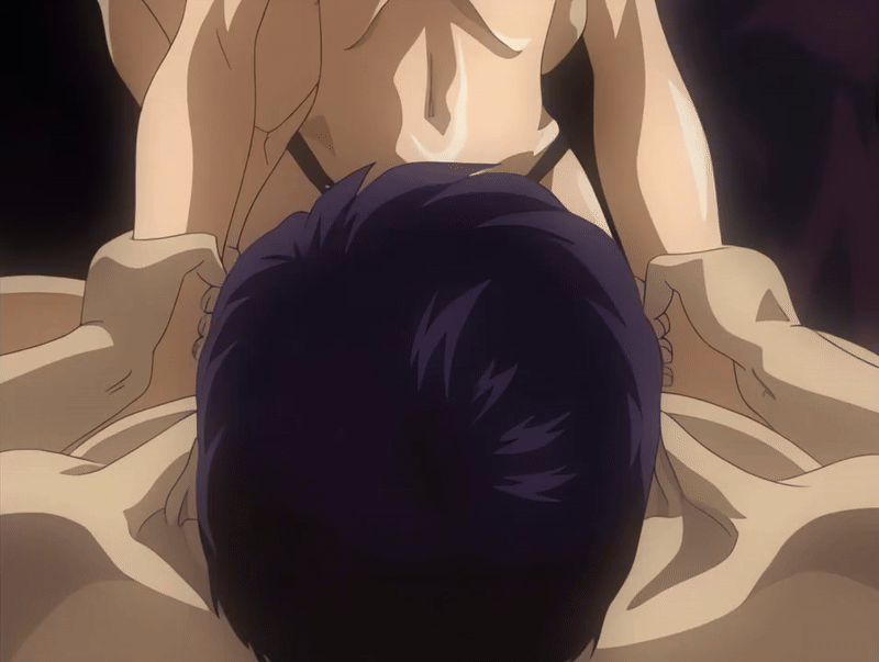 imari kurumi, bible black, bible black night of the walpulgiss, animated, animated gif, tagme, 00s, 1boy, 1girl, 2002, 3boys, anal, bouncing breasts, breasts, brown hair, chastity belt, closed eyes, completely nude, cowgirl position, crotchless, crotchless panties, drooling, grope from behind, groping, groping breast, hair ornament, large breasts, multiple boys, nipples, nude, panties, ponytail, ritual, robe, sex, side ponytail, straddling, sweat, underwear