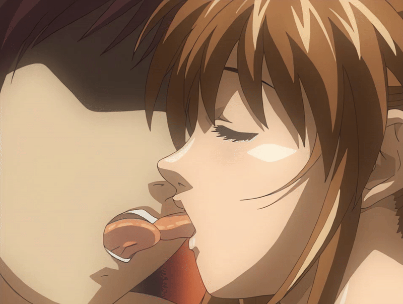 imari kurumi, bible black, bible black night of the walpulgiss, animated, animated gif, tagme, 00s, 1boy, 1girl, 2002, brown hair, closed eyes, french kiss, kiss, tongue, tongue on tongue, tongue out