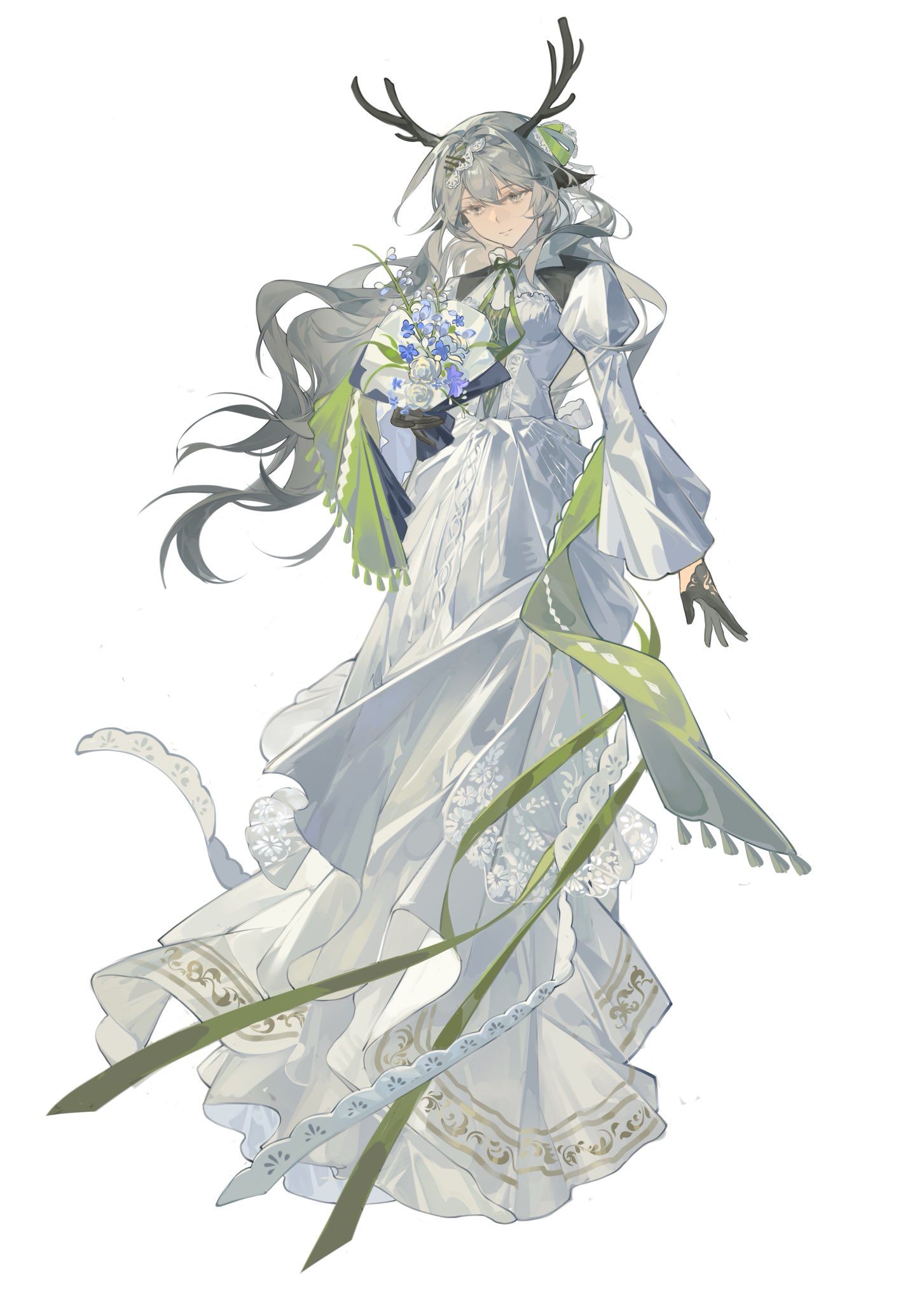 lin qing (phosphorus 1104), alina (arknights), arknights, commentary request, highres, 1girl, animal ears, antlers, black gloves, blue flower, bouquet, breasts, closed mouth, dress, flower, full body, gloves, grey eyes, grey hair, half gloves, holding, holding bouquet, horns, juliet sleeves, long hair, long sleeves, puffy sleeves, purple flower, rose, simple background, small breasts, smile, solo, very long hair, white background, white dress, white flower, white rose, wide sleeves