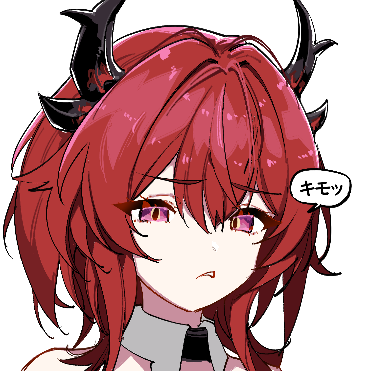 kinbakuman, surtr (arknights), arknights, arknights: endfield, commentary request, highres, translation request, 1girl, black horns, close-up, horns, long hair, looking at viewer, open mouth, purple eyes, red hair, simple background, slit pupils, solo, wavy mouth, white background