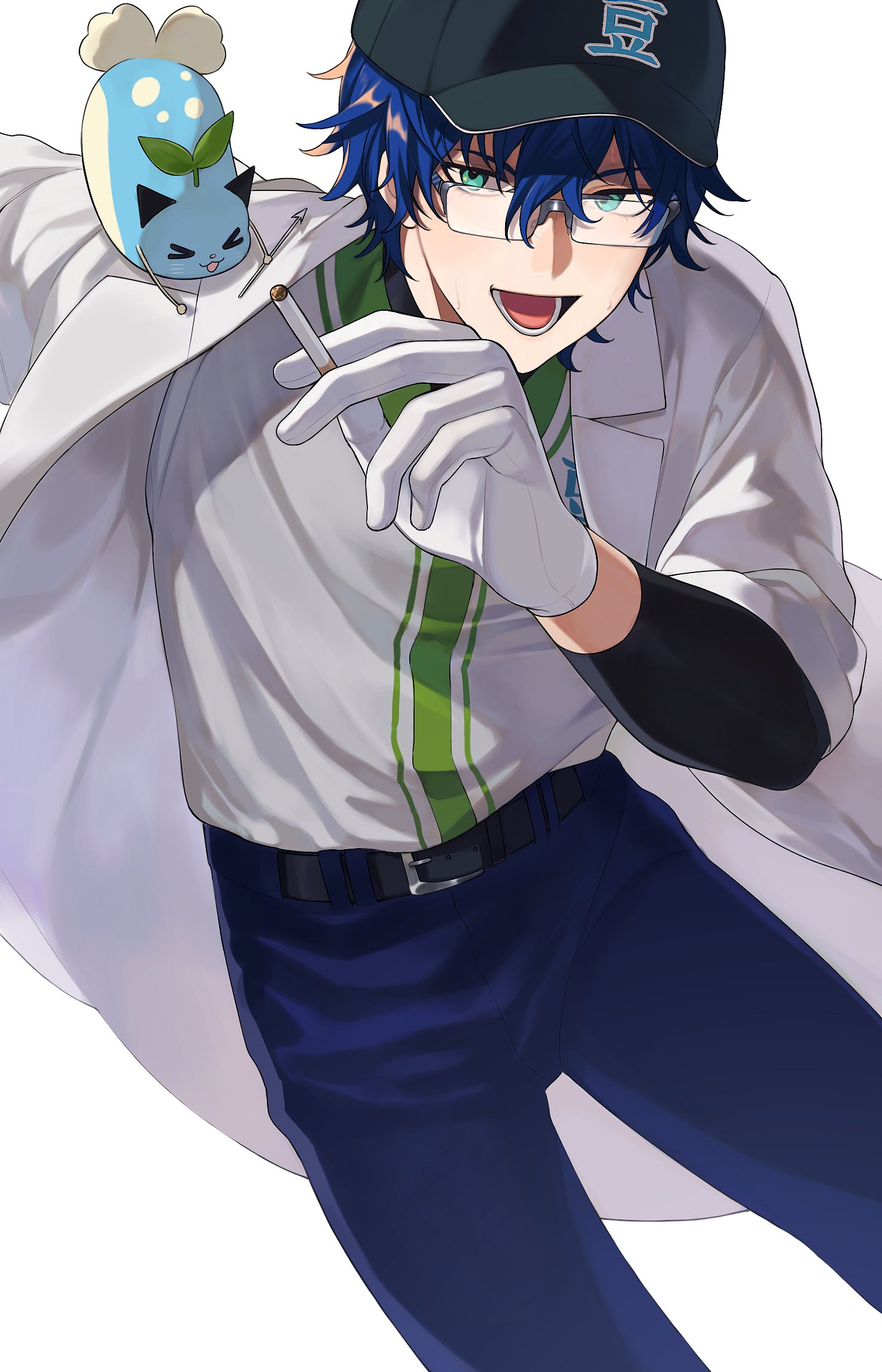 zmzm hiji, leos vincent, mameneko (leos vincent), nijisanji, commentary request, highres, > <, 1boy, :d, aqua eyes, baseball cap, baseball jersey, baseball uniform, belt, black belt, black hat, blue hair, blue pants, cigarette, coat, cowboy shot, creature, creature on shoulder, glasses, gloves, grey-framed eyewear, hair between eyes, hat, holding, holding cigarette, jersey, lapels, long bangs, long sleeves, looking at viewer, lower teeth only, male focus, nijisanji koshien, notched lapels, on shoulder, open clothes, open coat, open mouth, pants, rectangular eyewear, semi-rimless eyewear, shirt, shirt tucked in, short hair, simple background, smile, sportswear, teeth, virtual youtuber, white background, white coat, white gloves, white shirt