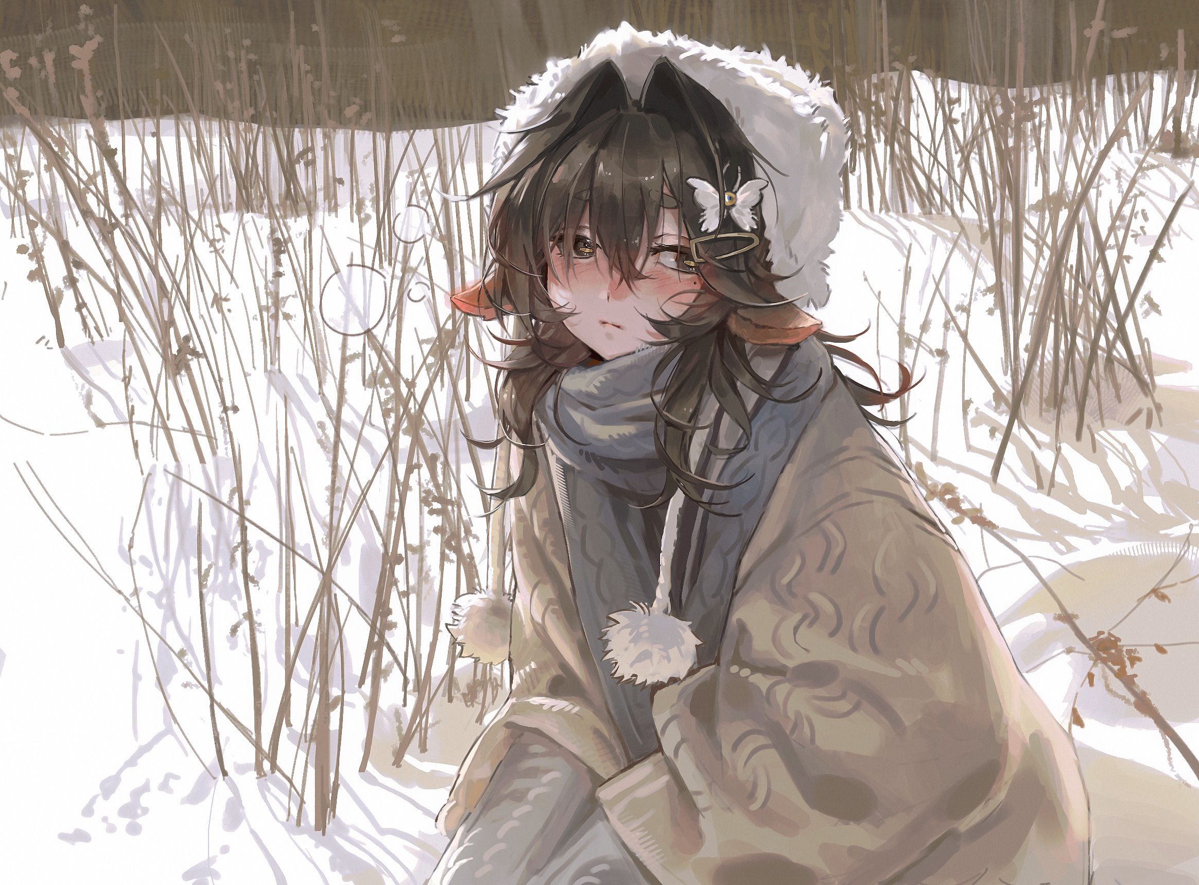 kirihara aki, original, commentary request, highres, 1girl, animal ears, black eyes, black hair, brown sweater, butterfly hair ornament, closed mouth, day, droopy ears, fur-trimmed headwear, fur trim, grey scarf, hair between eyes, hair intakes, hair ornament, hairclip, kuzakura yako (kirihara aki), light blush, medium hair, mole, mole under eye, nature, outdoors, scarf, sitting, snow, snowing, solo, sweater, thick eyebrows, upper body, winter
