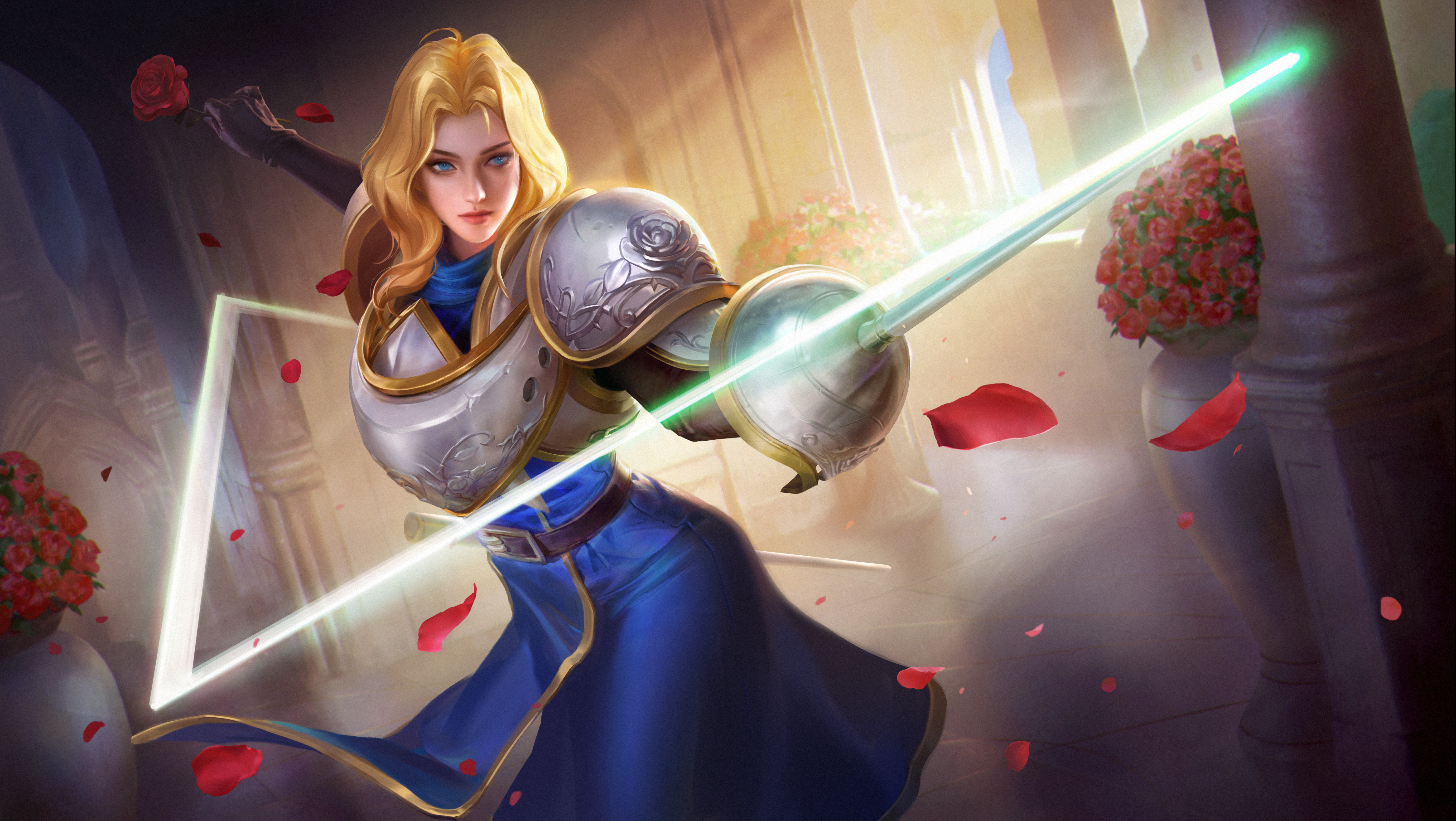 charlotte christine de colde, samurai spirits, snk, wangzhe rongyao, absurdres, highres, non-web source, official art, 1girl, armor, black gloves, blonde hair, blue eyes, breastplate, breasts, elbow gloves, flower, gloves, holding, holding flower, holding sword, holding weapon, looking at viewer, medium hair, pauldrons, rapier, red flower, red rose, rose, shoulder armor, solo, sword, weapon, xialuote (wangzhe rongyao)