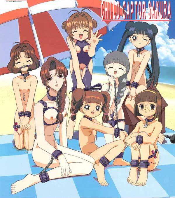daidouji tomoyo, kinomoto sakura, li meiling, mihara chiharu, mizuki kaho, sasaki rika, yanagisawa naoko, cardcaptor sakura, nude filter, official art, photoshop, third-party edit, ball gag, barefoot, bdsm, beach, bondage, bound, breasts, brown hair, closed eyes, gag, loli, nude, peeing, pussy, uncensored