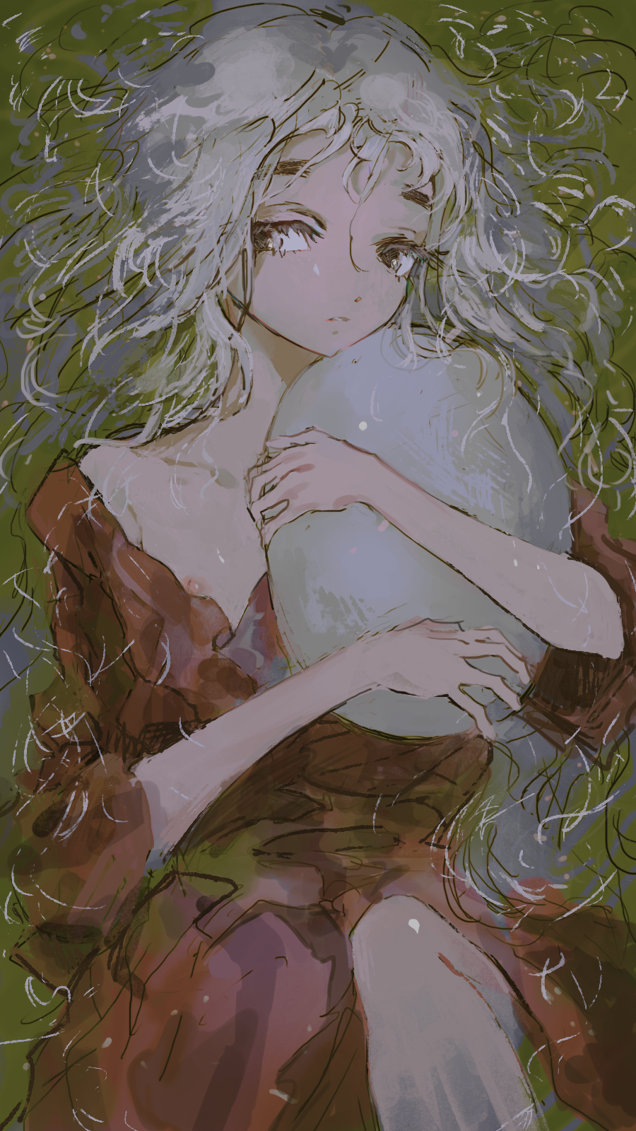 girl (tenshi no tamago), tenshi no tamago (anime), commentary request, highres, 1girl, black eyes, collarbone, dress, egg, flat chest, green background, grey hair, holding, holding egg, long eyelashes, long hair, messy hair, nipple slip, nipples, parted lips, red dress, solo, tanpopo (uokobn)
