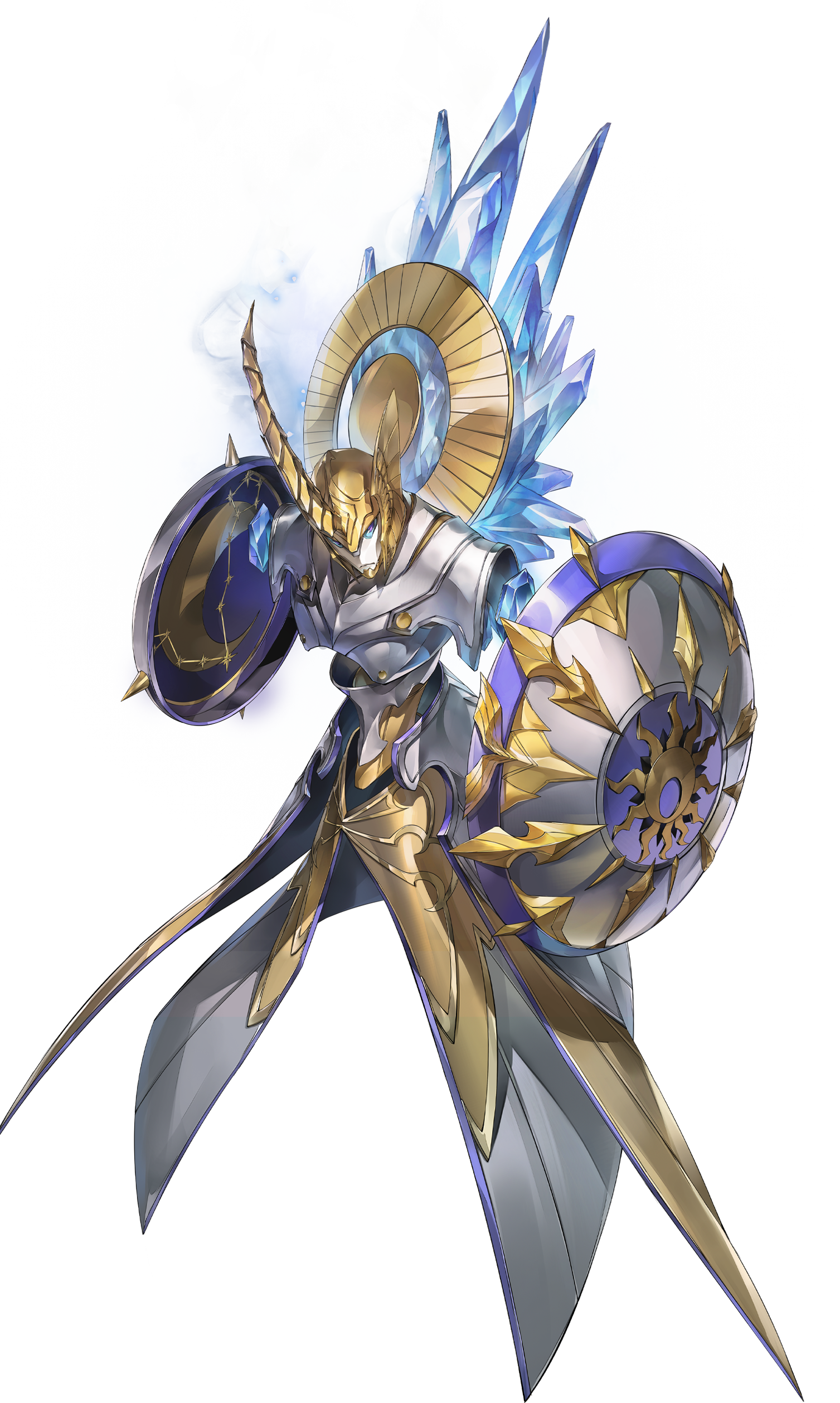 persona, persona 5, persona 5: the phantom x, absurdres, artist request, highres, official art, third-party source, 1boy, amalthea (persona), armor, blue eyes, crescent, helmet, persona (summon), shield, solo, star (symbol), transparent background