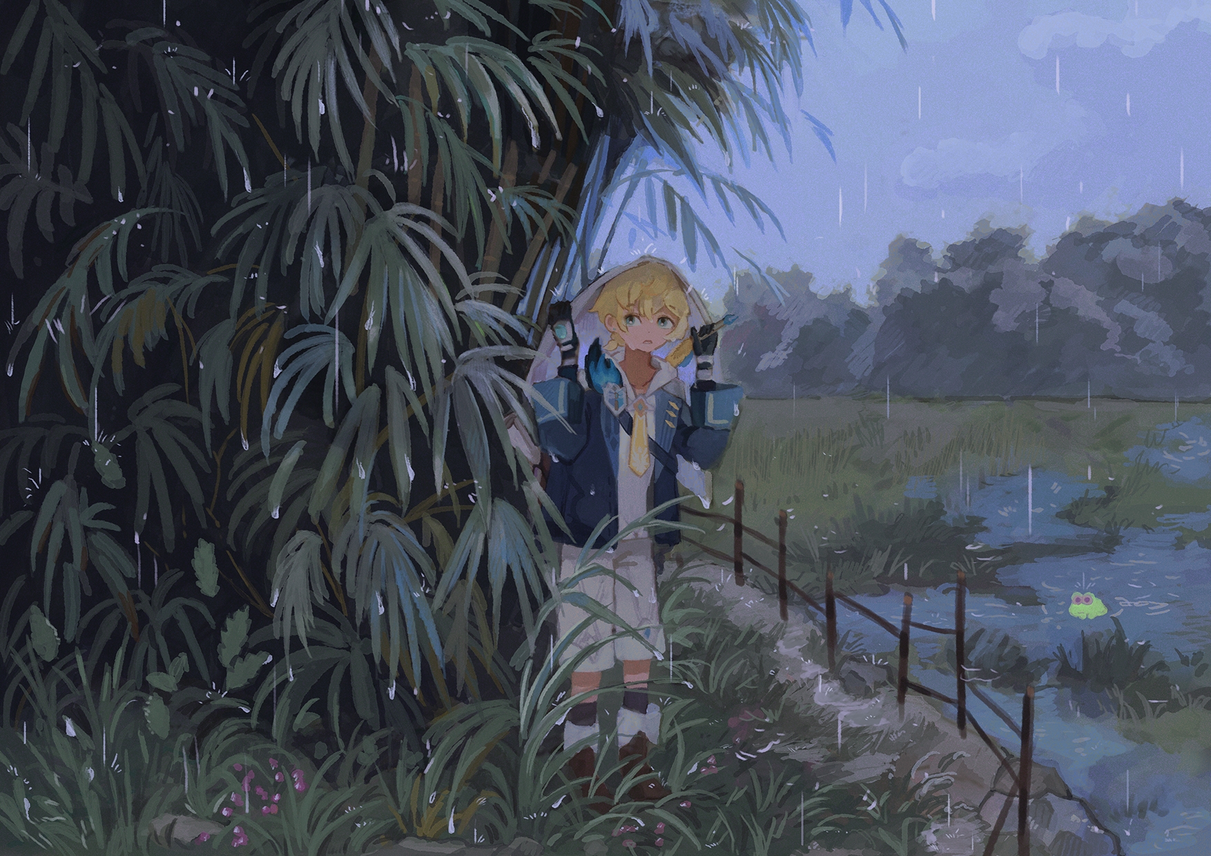 mika (genshin impact), genshin impact, commentary, highres, 1boy, black gloves, black socks, blonde hair, blue jacket, boots, brown boots, full body, gloves, grass, jacket, male focus, necktie, outdoors, pond, rain, short hair, socks, solo, standing, tanpopo (uokobn), wide shot, yellow necktie