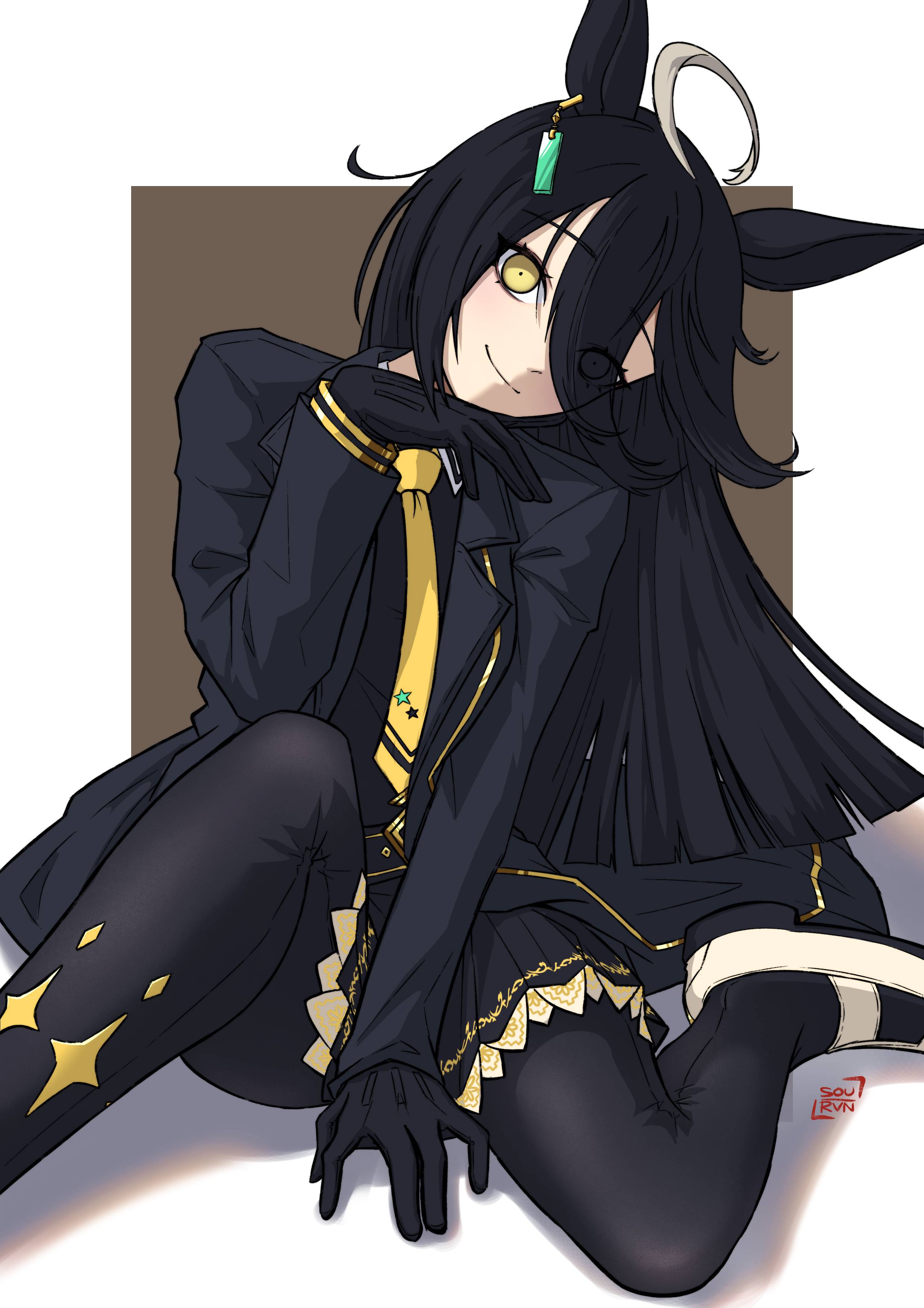 manhattan cafe (umamusume), umamusume, absurdres, commentary request, highres, 1girl, ahoge, belt, black belt, black coat, black eyes, black gloves, black pantyhose, black shirt, black skirt, closed mouth, coat, contrast collar, e/evth, ear ornament, ear tag, earrings, gloves, hair between eyes, hand between thighs, hand on own chin, head tilt, jewelry, knee up, long hair, long hair between eyes, long sleeves, looking at viewer, manhattan cafe (creeping shadow) (umamusume), multicolored hair, on ground, open clothes, open coat, pantyhose, pleated skirt, shirt, shoes, single earring, sitting, skirt, smile, solo, sou raven, very long hair, white hair, white shoes, yellow eyes