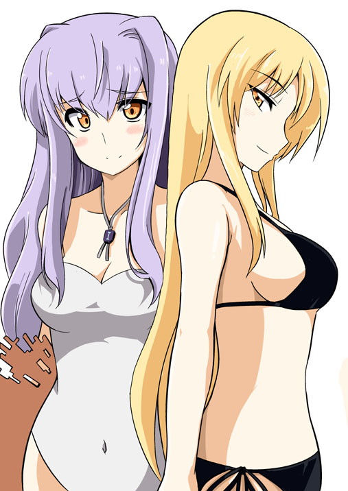 oda masaru, due (nanoha), numbers (nanoha), uno (nanoha), lyrical nanoha, mahou shoujo lyrical nanoha, mahou shoujo lyrical nanoha strikers, 00s, 2girls, bare shoulders, bikini, blonde hair, blush, breasts, cleavage, embarrassed, female focus, jewelry, large breasts, long hair, looking back, medium breasts, multiple girls, naughty face, necklace, one-piece swimsuit, orange eyes, purple hair, shy, side-tie bikini bottom, sideboob, simple background, smile, strapless, swimsuit, white background, yellow eyes, yuri