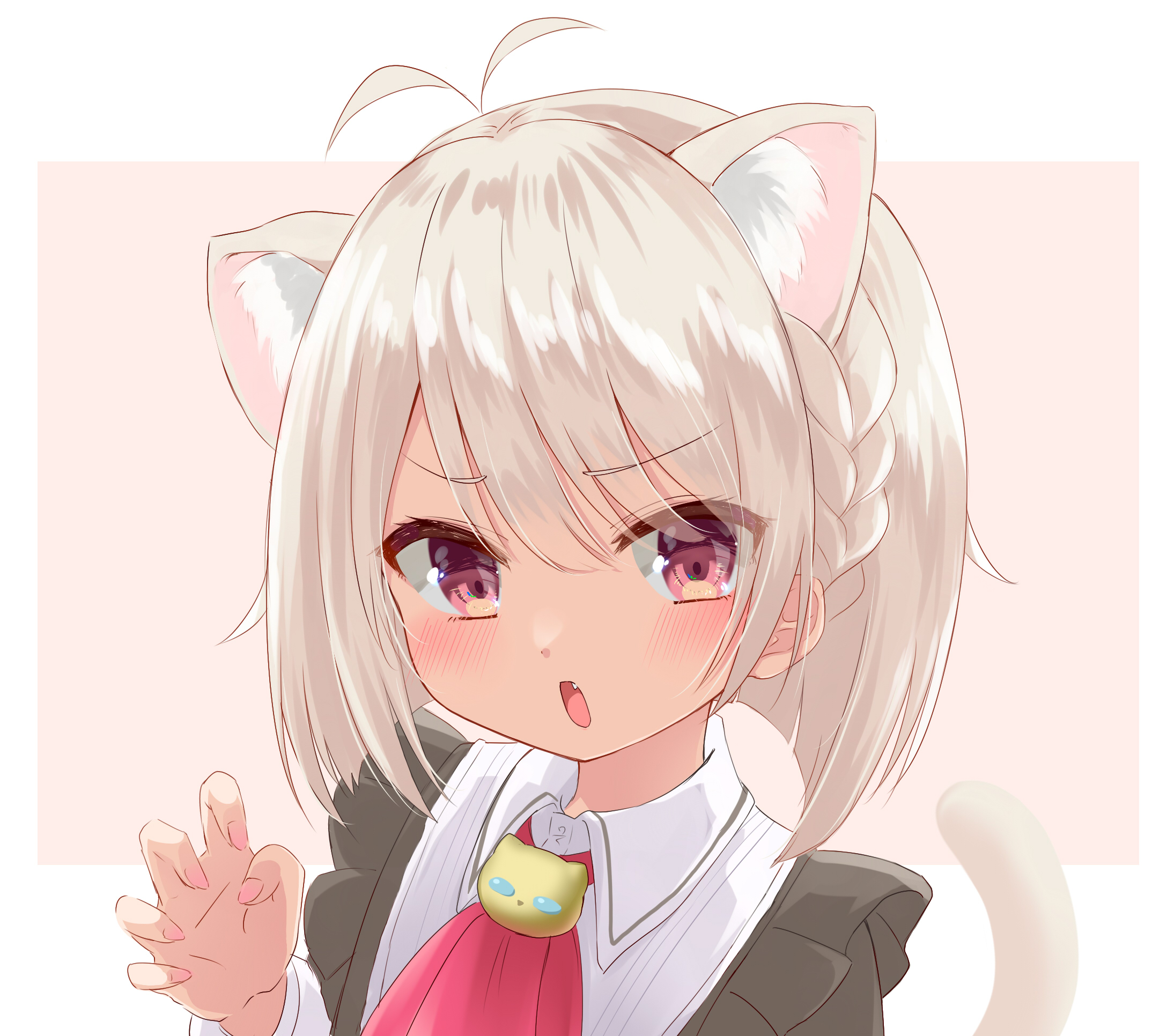 yotuba mokoh (benzenex), matsukai mao, matsukai mao (2nd costume), nijisanji, commentary request, highres, 1girl, animal ear fluff, animal ears, black dress, blush, cat ears, cat girl, claw pose, collared shirt, dark-skinned female, dark skin, dress, fang, grey hair, looking at viewer, medium hair, official alternate costume, open mouth, purple eyes, shirt, skin fang, solo, virtual youtuber, white shirt