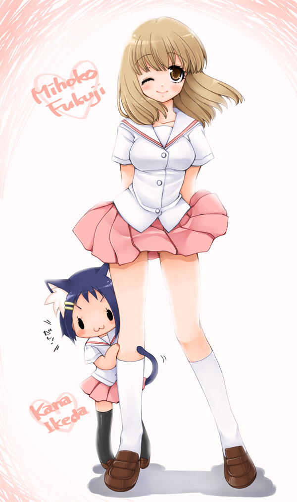 chiru, fukuji mihoko, ikeda kana, saki (manga), 00s, 2girls, :3, animal ears, blue hair, brown eyes, brown hair, cat ears, cat tail, chibi, hair ornament, hairclip, kneehighs, multiple girls, one eye closed, school uniform, short hair, skirt, socks, tail, thighhighs, wink, zettai ryouiki