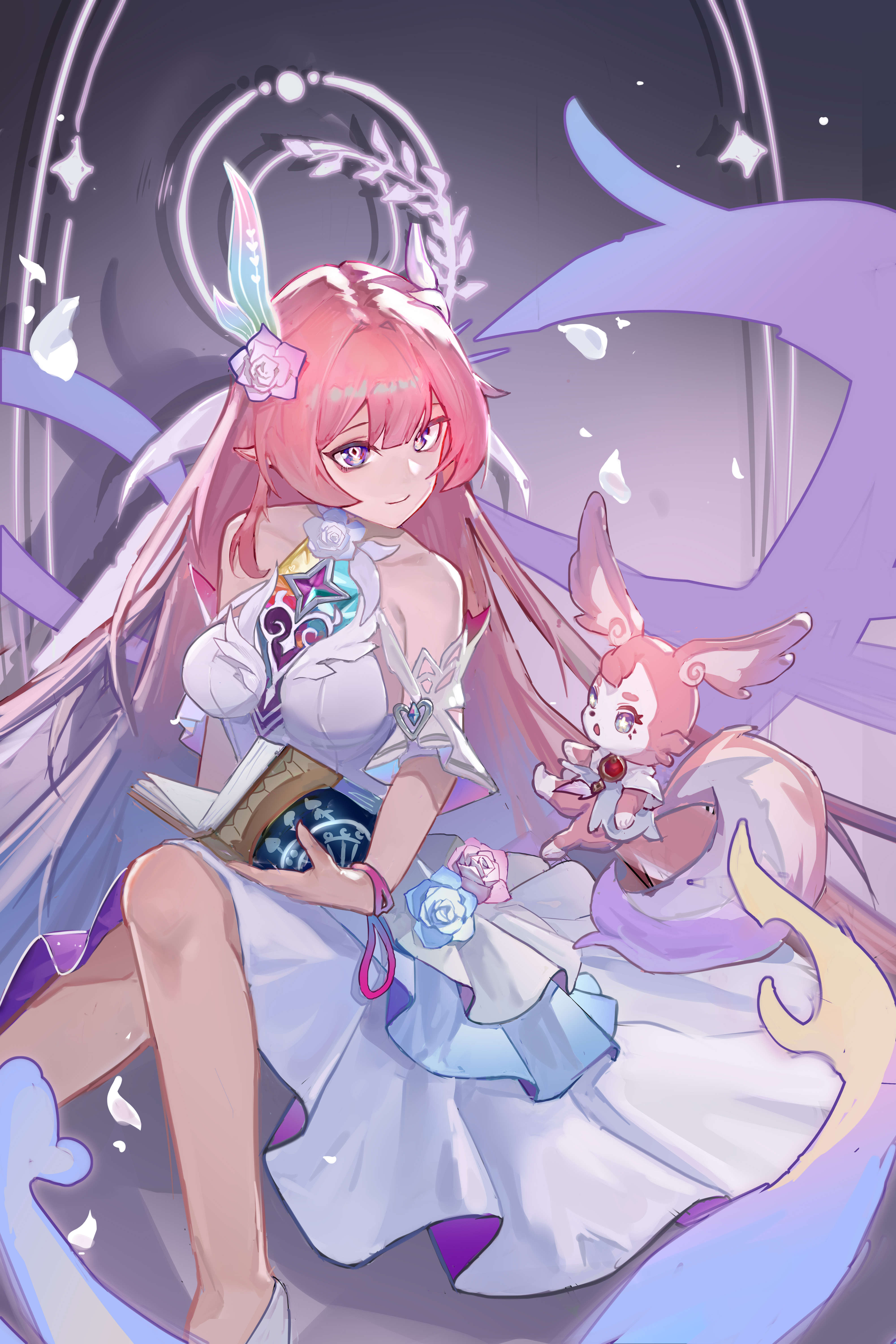 nutnutbunny, cyrene (honkai: star rail), mem (honkai: star rail), honkai: star rail, honkai (series), absurdres, commentary, highres, 1girl, as i've written (honkai: star rail), bare shoulders, book, breasts, closed mouth, cyrene (demiurge) (honkai: star rail), diamond-shaped pupils, diamond (shape), dress, dual persona, flower, hair flower, hair ornament, halo, halo behind head, holding, holding book, large breasts, long hair, looking at viewer, pink flower, pink hair, pointy ears, purple eyes, sidelocks, smile, symbol-shaped pupils, very long hair, white dress