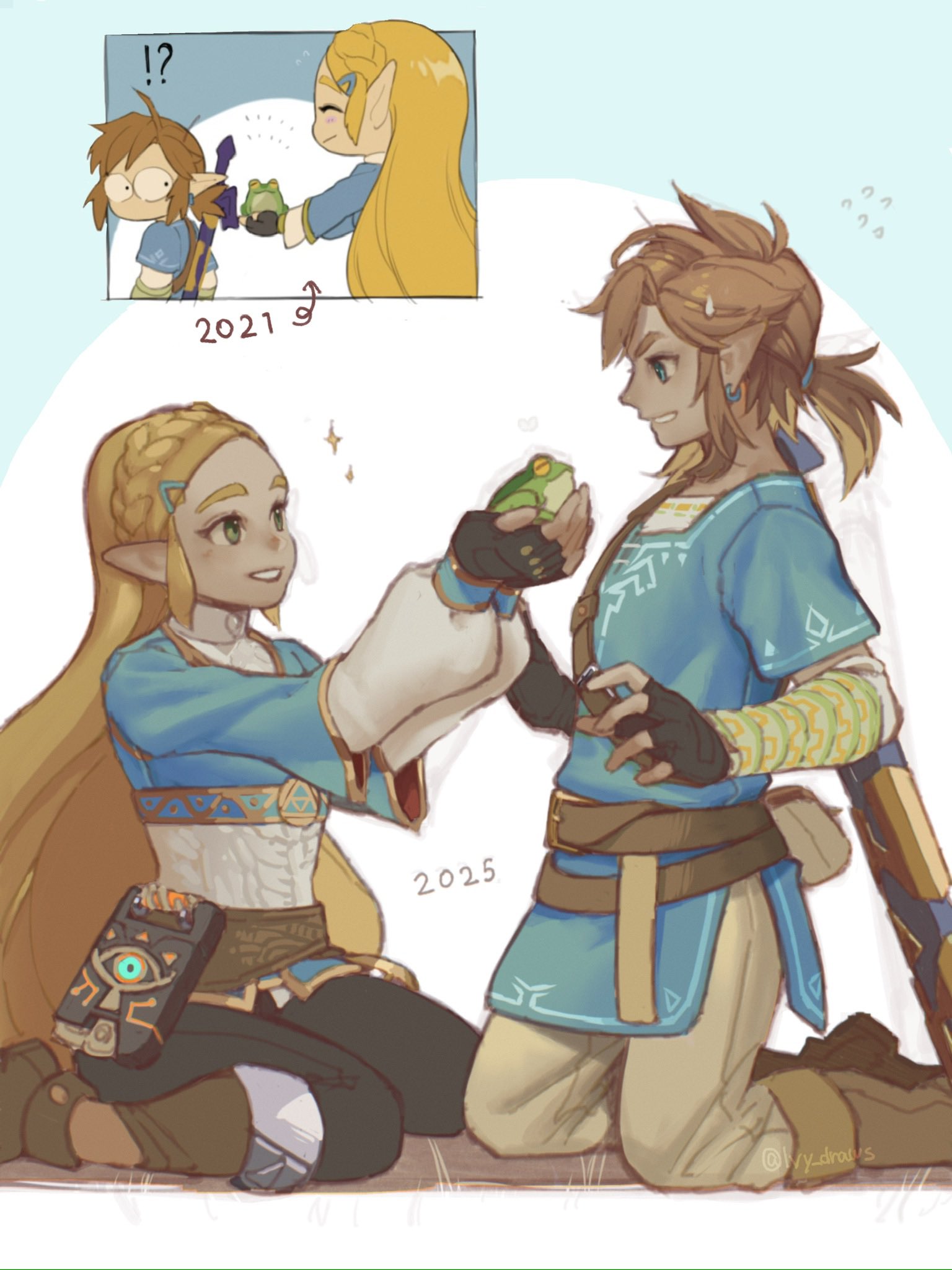 ivy (sena0119), link, princess zelda, nintendo, the legend of zelda, the legend of zelda: breath of the wild, commentary, english commentary, highres, !?, 1boy, 1girl, 2025, animal, black gloves, black pants, blue eyes, blue shirt, blue tunic, boots, braid, brown boots, closed eyes, crown braid, earrings, fingerless gloves, gloves, gold trim, green eyes, grey pants, hair ornament, hair tie, hairclip, holding, holding animal, holding frog, jewelry, kneeling, long hair, looking at another, low ponytail, master sword, medium hair, nervous smile, pants, parted bangs, parted lips, pointy ears, ponytail, shirt, sidelocks, smile, sweatdrop, sword, sword on back, teeth, tunic, weapon, weapon on back, wide-eyed