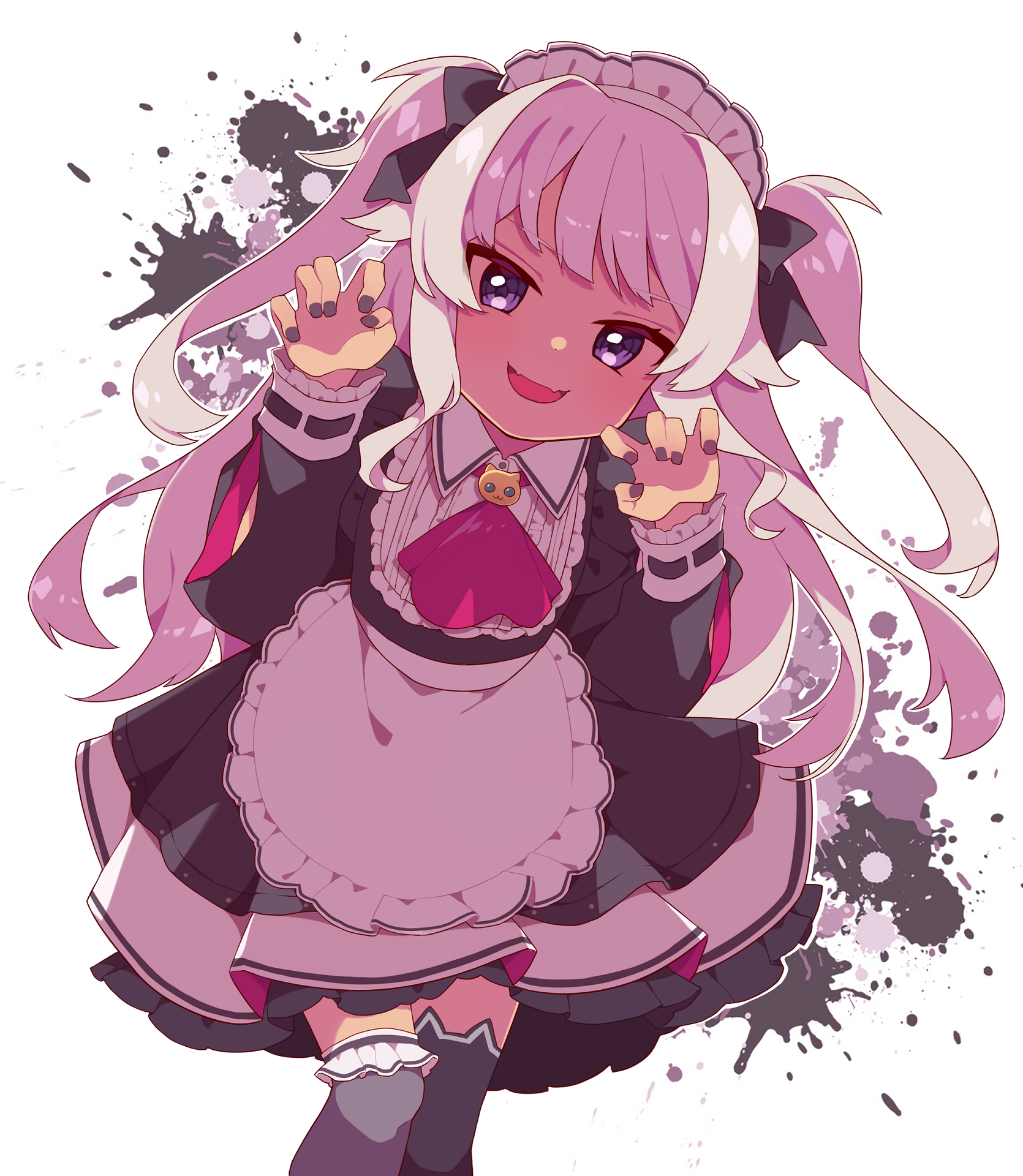 umecha 0, matsukai mao, matsukai mao (2nd costume), nijisanji, commentary request, highres, 1girl, animal ear legwear, black dress, black thighhighs, cat ear legwear, claw pose, collared dress, dark-skinned female, dark skin, dress, fangs, grey hair, long hair, looking at viewer, maid, maid headdress, nail polish, official alternate costume, open mouth, purple eyes, purple nails, skin fangs, smile, solo, thighhighs, two side up, virtual youtuber, white background