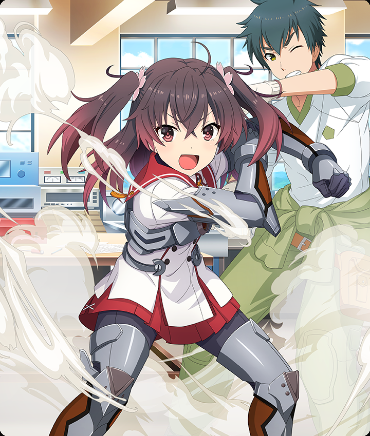 asakura mihono, toji no miko, toji no miko: kizamishi issen no tomoshibi, game cg, official art, third-party source, 1boy, 1girl, :d, ahoge, arm armor, belt, belt pouch, blue sky, brown belt, brown hair, buttons, ceiling light, clenched hand, clenched teeth, cloud, dot nose, double-breasted, double-parted bangs, exoskeleton, feet out of frame, gloves, gradient hair, green eyes, green hair, green pants, hand on own arm, hattori tatsuo, indoors, leg armor, legs apart, machinery, medium hair, minoseki gakuin uniform, multicolored hair, one eye closed, open mouth, pants, pink eyes, pouch, red hair, red skirt, shirt, short hair, short sleeves, skirt, sky, smile, smoke, table, teeth, twintails, white gloves, white shirt, window, wooden table, workshop