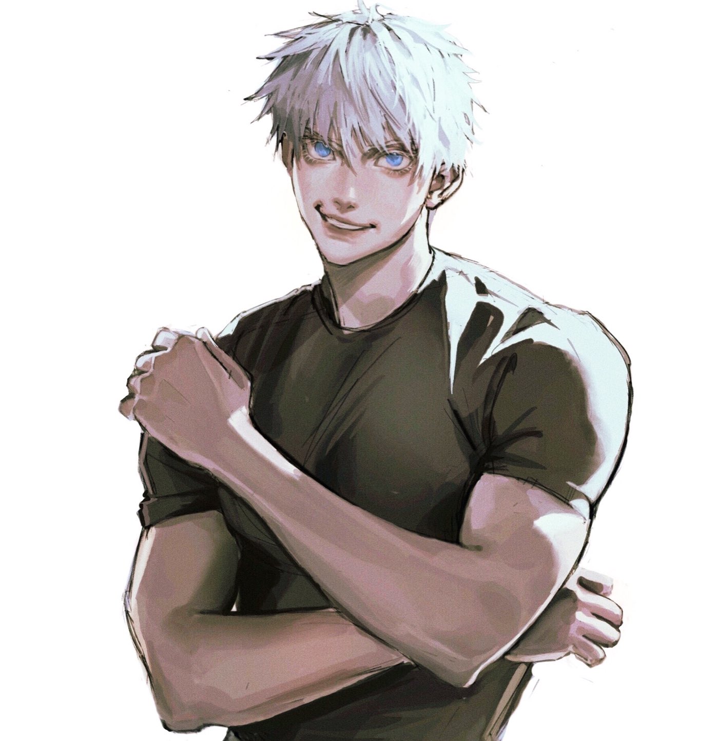 eulbhitomi, gojou satoru, jujutsu kaisen, commentary, hashtag-only commentary, highres, 1boy, black shirt, blue eyes, grin, looking at viewer, male focus, shirt, short hair, short sleeves, simple background, smile, solo, upper body, white background, white hair