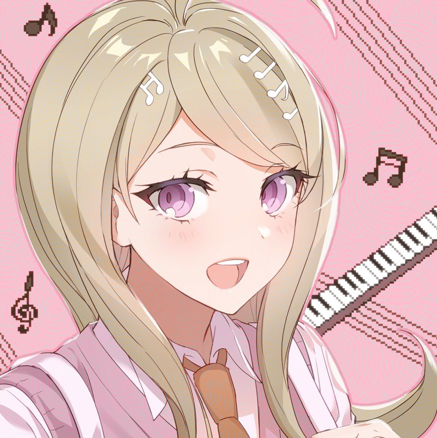 1dahesss, akamatsu kaede, danganronpa (series), danganronpa v3: killing harmony, commentary request, korean commentary, 1girl, ahoge, backpack, bag, blonde hair, blush, collared shirt, fortissimo, hair ornament, long hair, looking at viewer, musical note, musical note hair ornament, necktie, open mouth, orange necktie, pink vest, purple eyes, shirt, smile, solo, swept bangs, teeth, upper teeth only, vest, white shirt